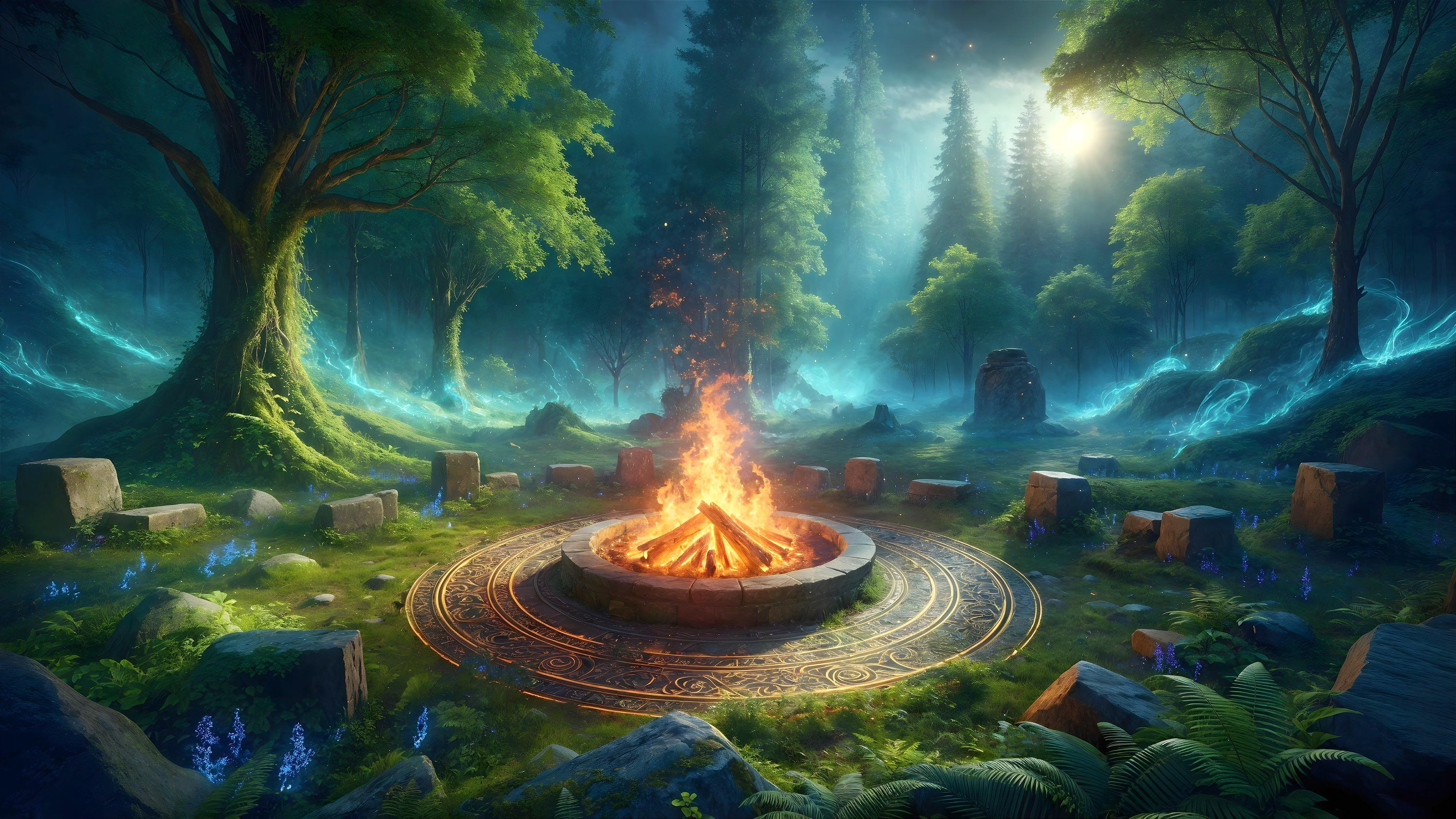 Mystical Forest with Vibrant Campfire and Ethereal Lights