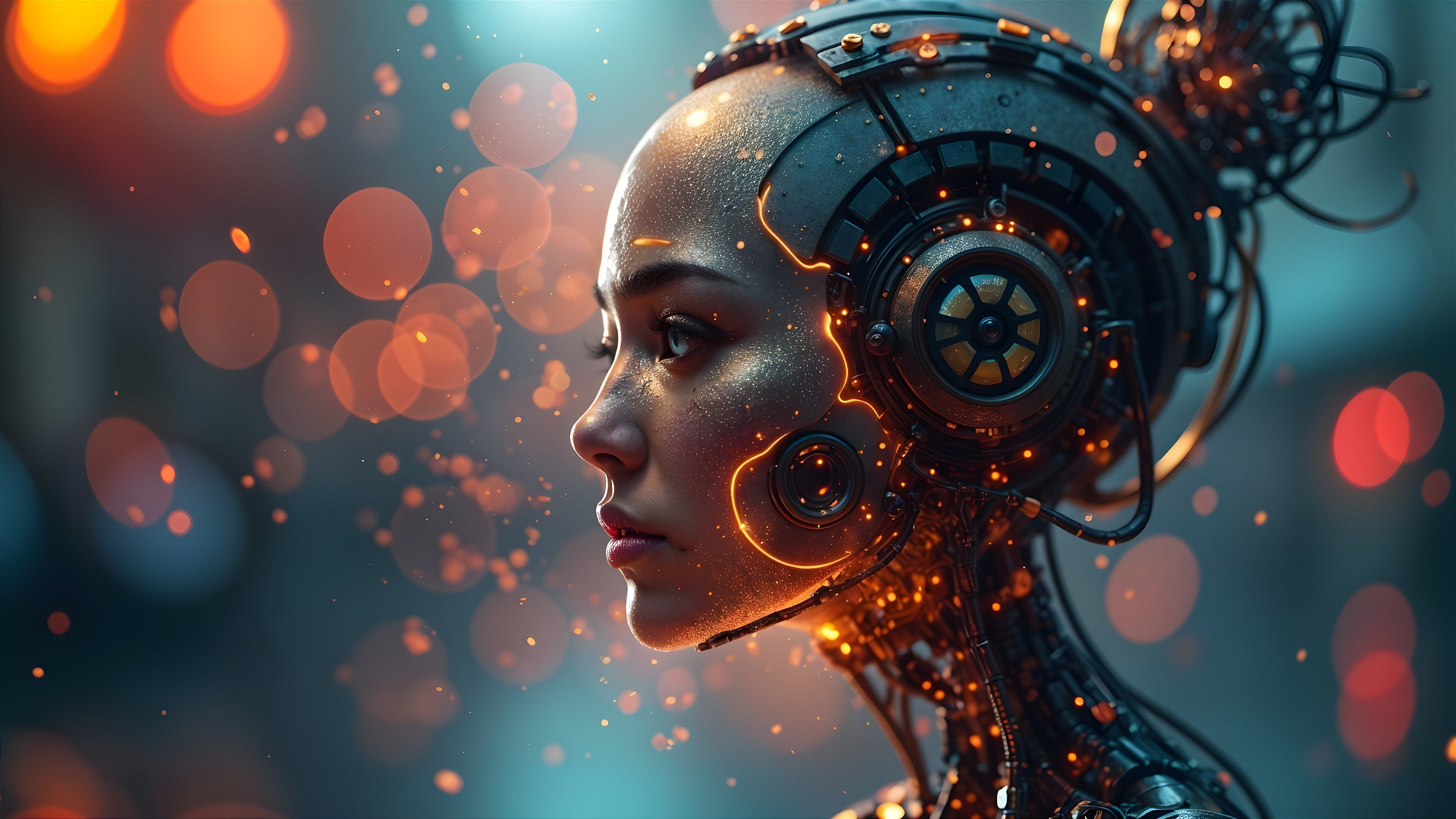 Futuristic Cyborg with Metallic Head and Bokeh Background