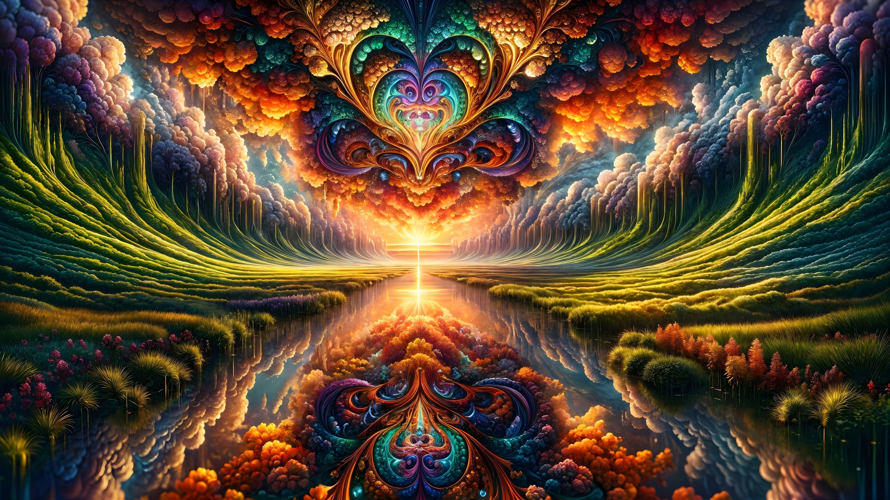 Surreal Landscape with Fiery Sunset and Serene Lake
