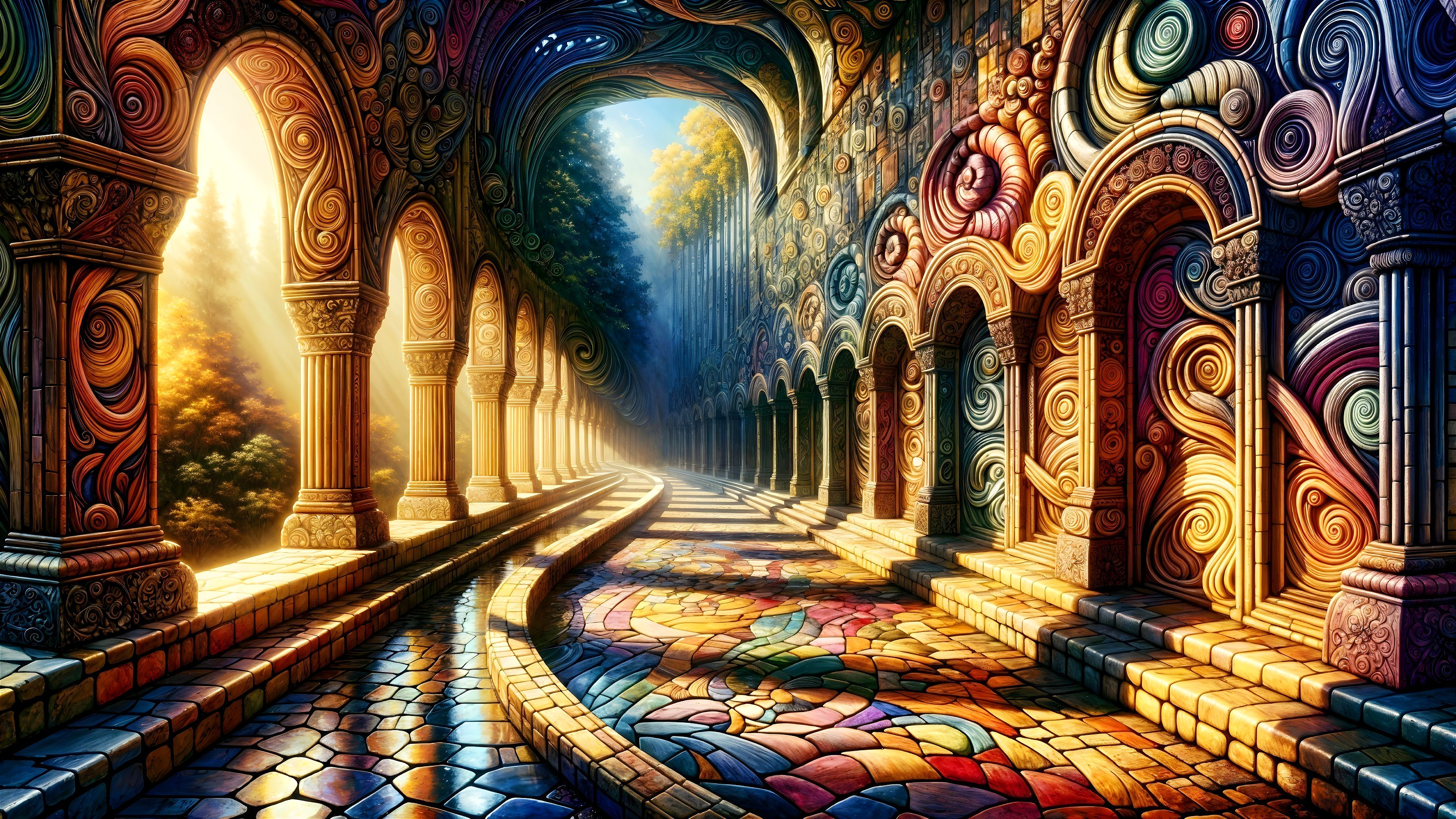 Intricate Corridor with Colorful Patterns and Light