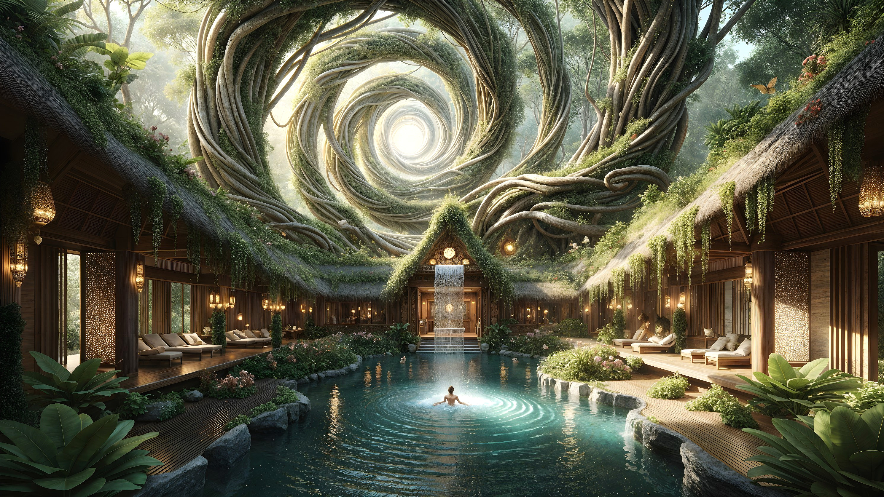 Serene Sanctuary with Circular Pool and Lush Greenery