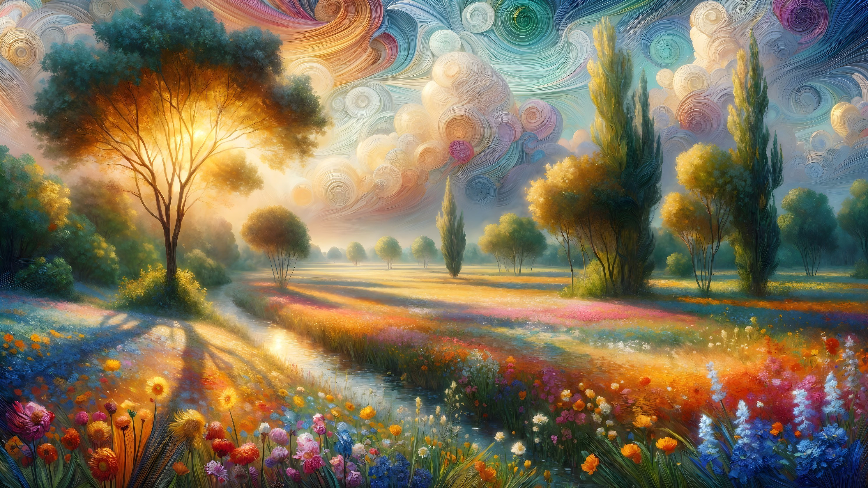 Vibrant Landscape with Blooming Flowers and Sunset