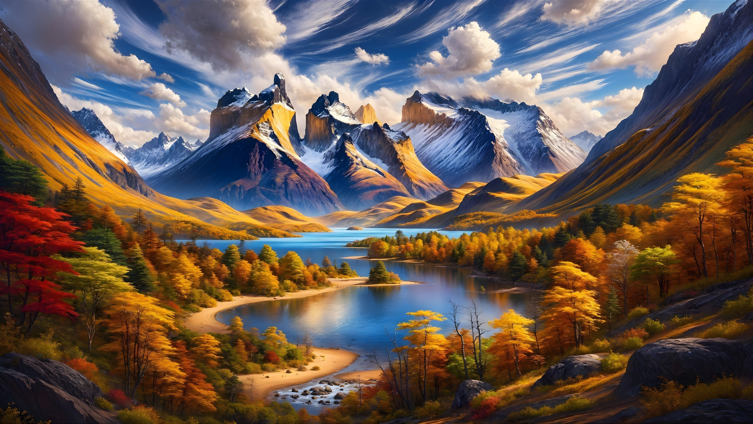 Majestic Snow-Capped Mountains and Autumn Landscape