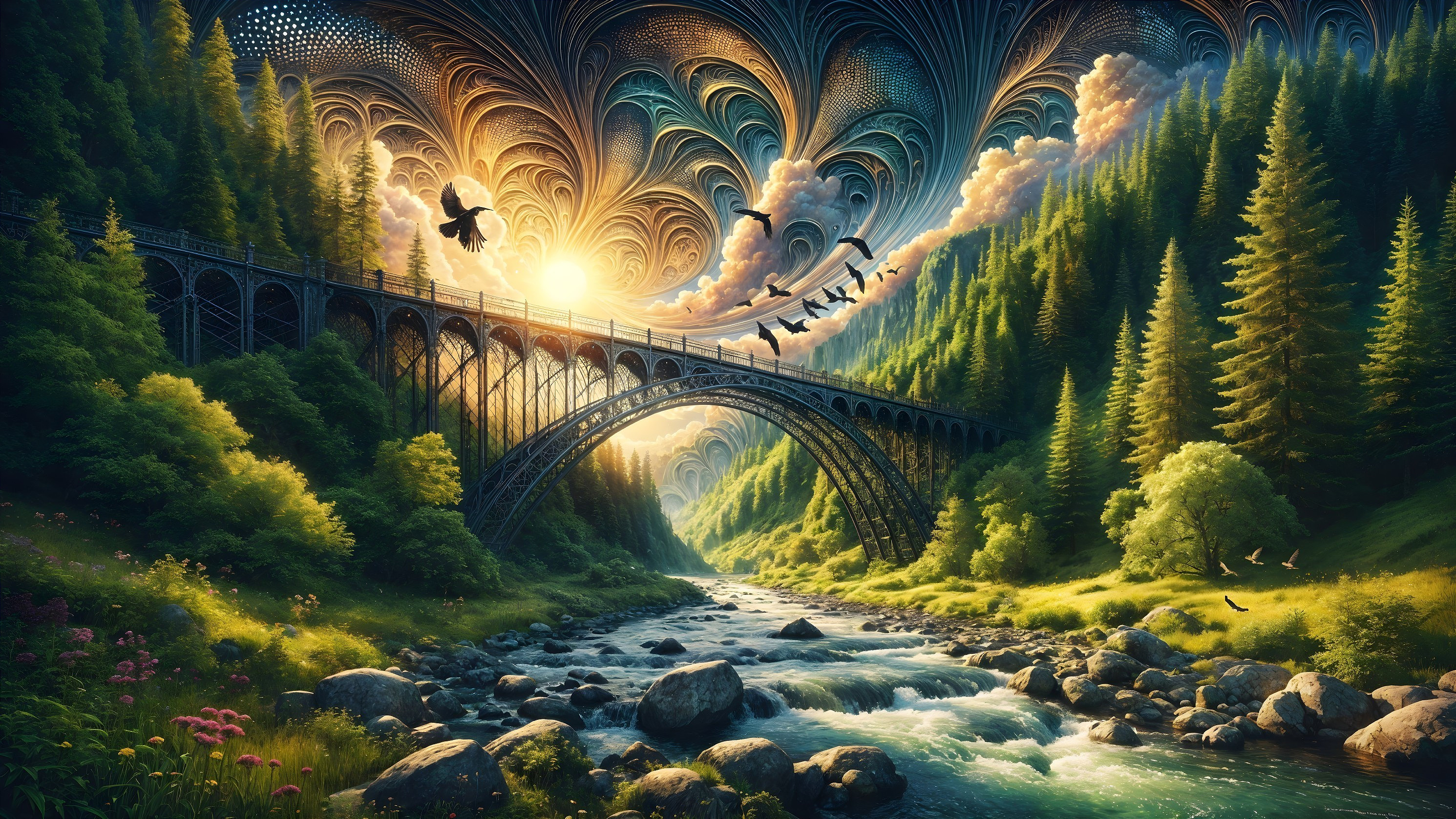 Ornate bridge over serene river at sunset scene