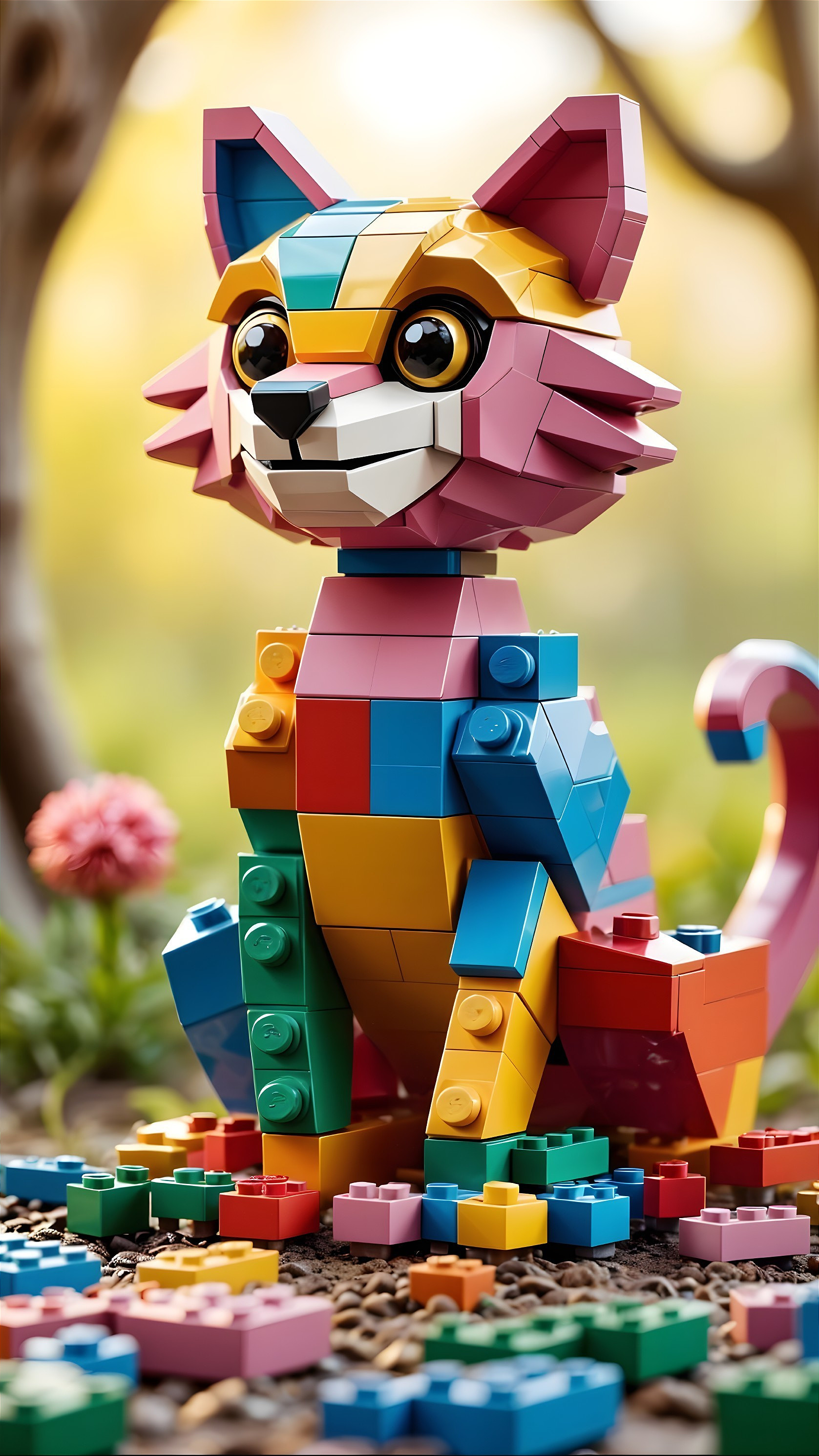 Vibrant Multicolored LEGO Cat Sculpture with Bricks
