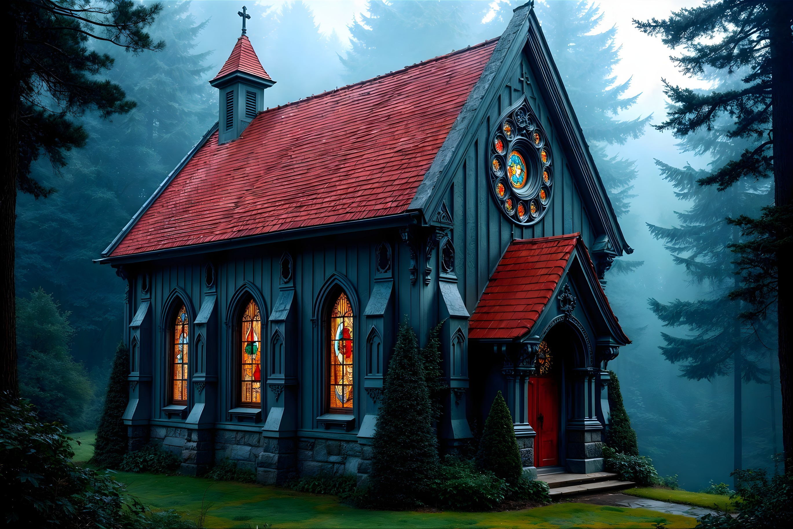 Gothic Chapel Surrounded by Trees and Mystical Fog