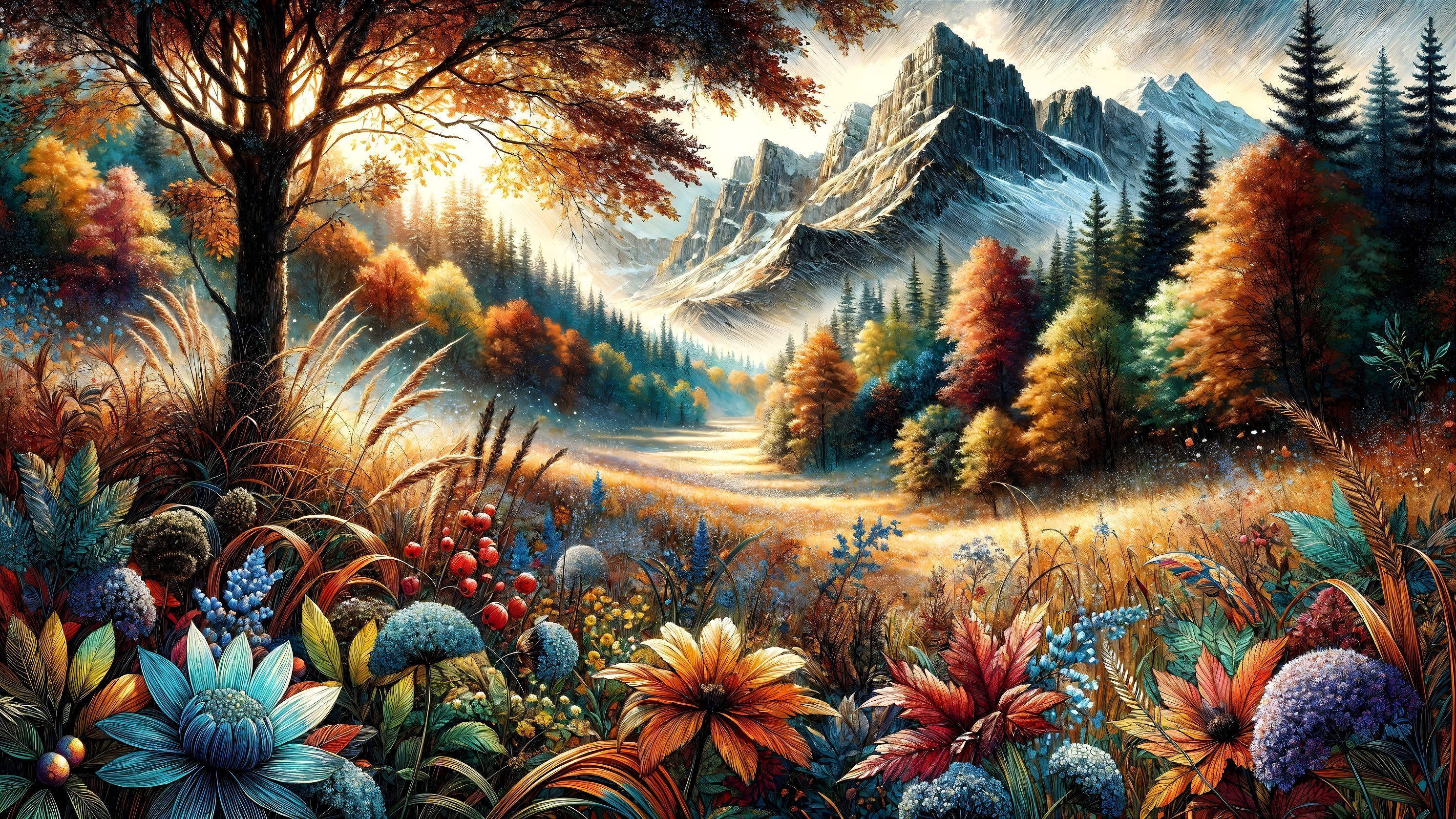 Vibrant Valley Landscape with Majestic Mountains