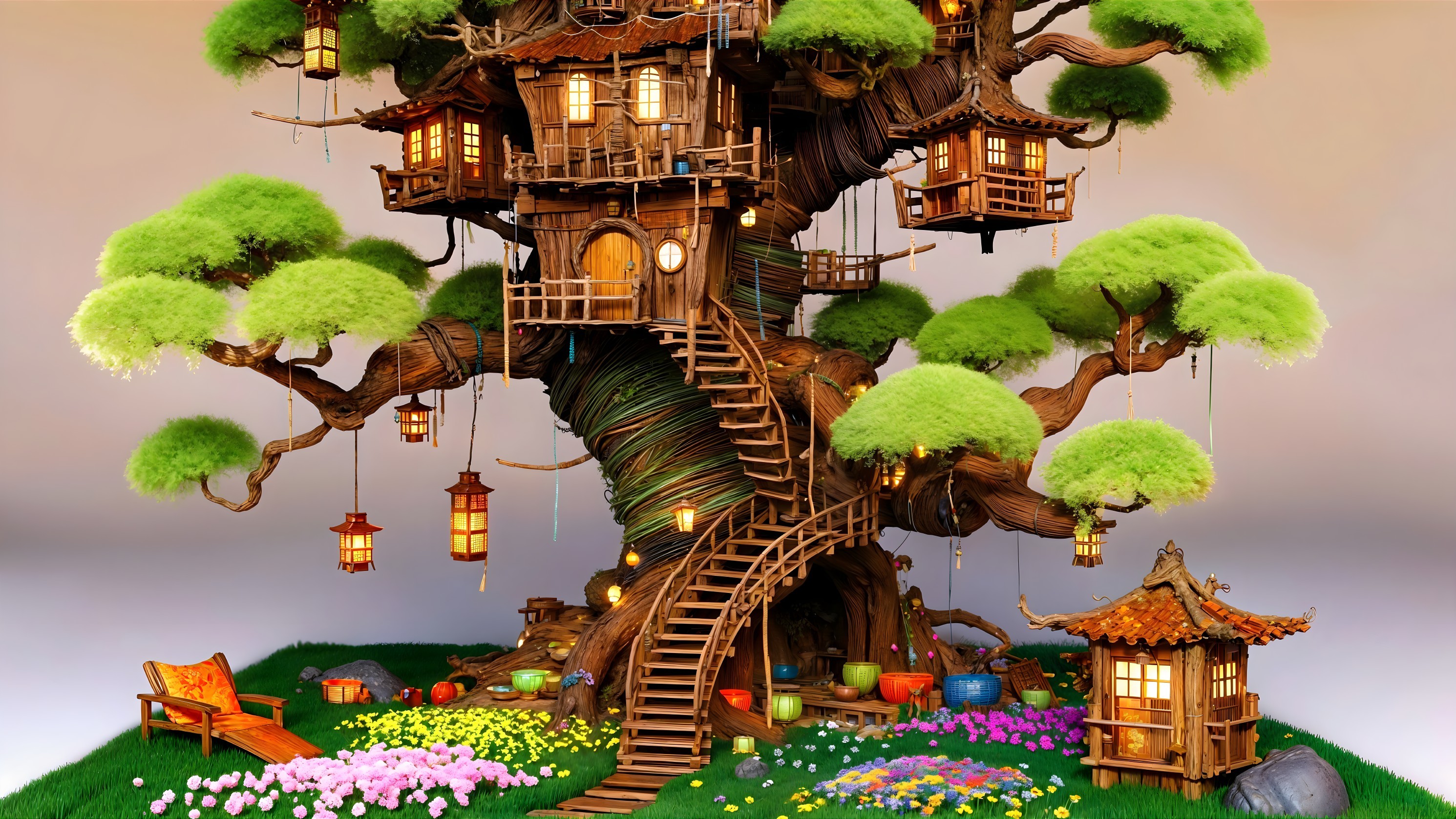 Whimsical Treehouse in a Lush Garden Setting