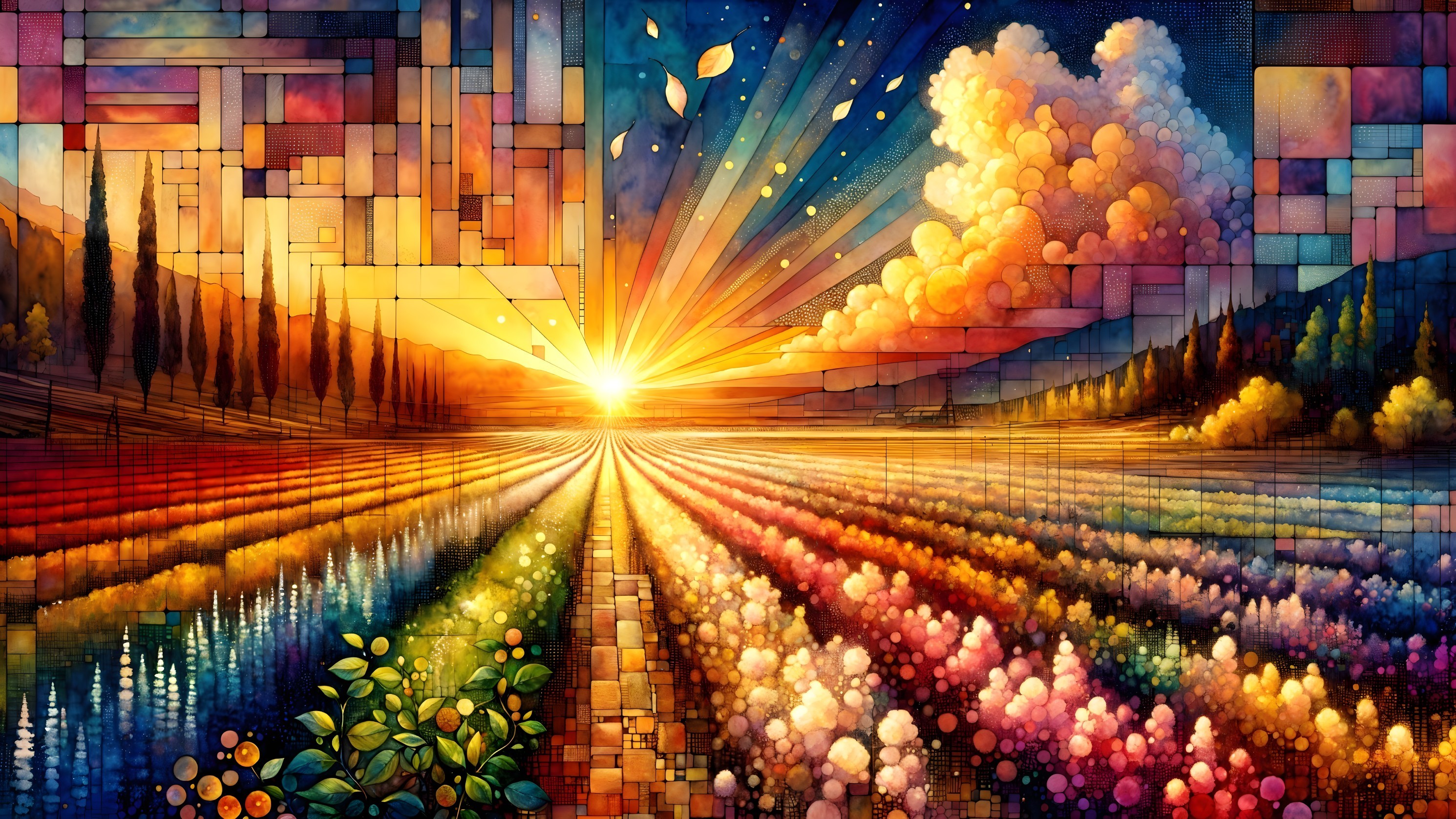 Vibrant Landscape of Blooming Flowers at Sunset