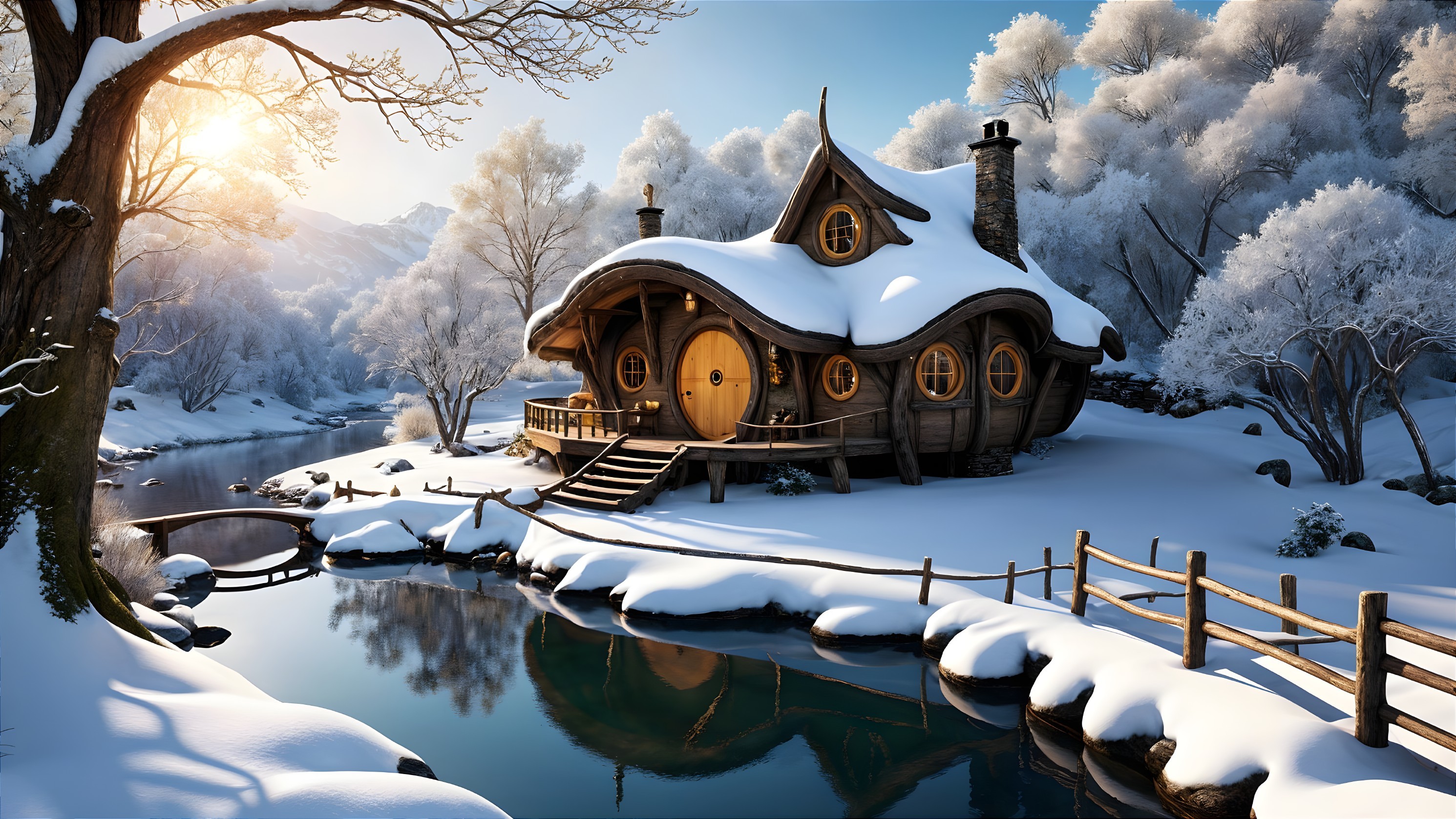Cozy Cottage by a Serene Frozen River in Winter