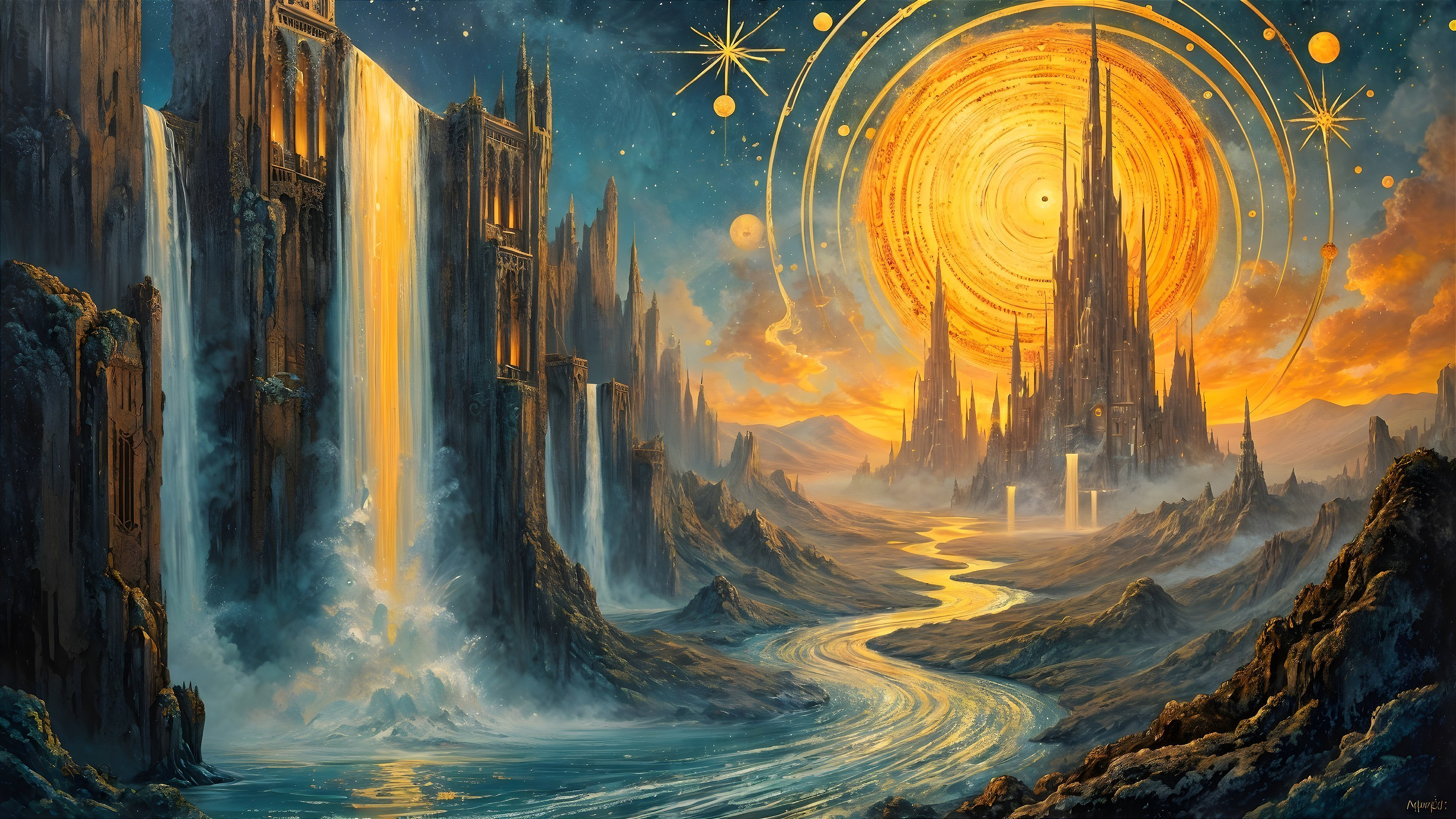Fantasy Landscape with Waterfalls and Castle