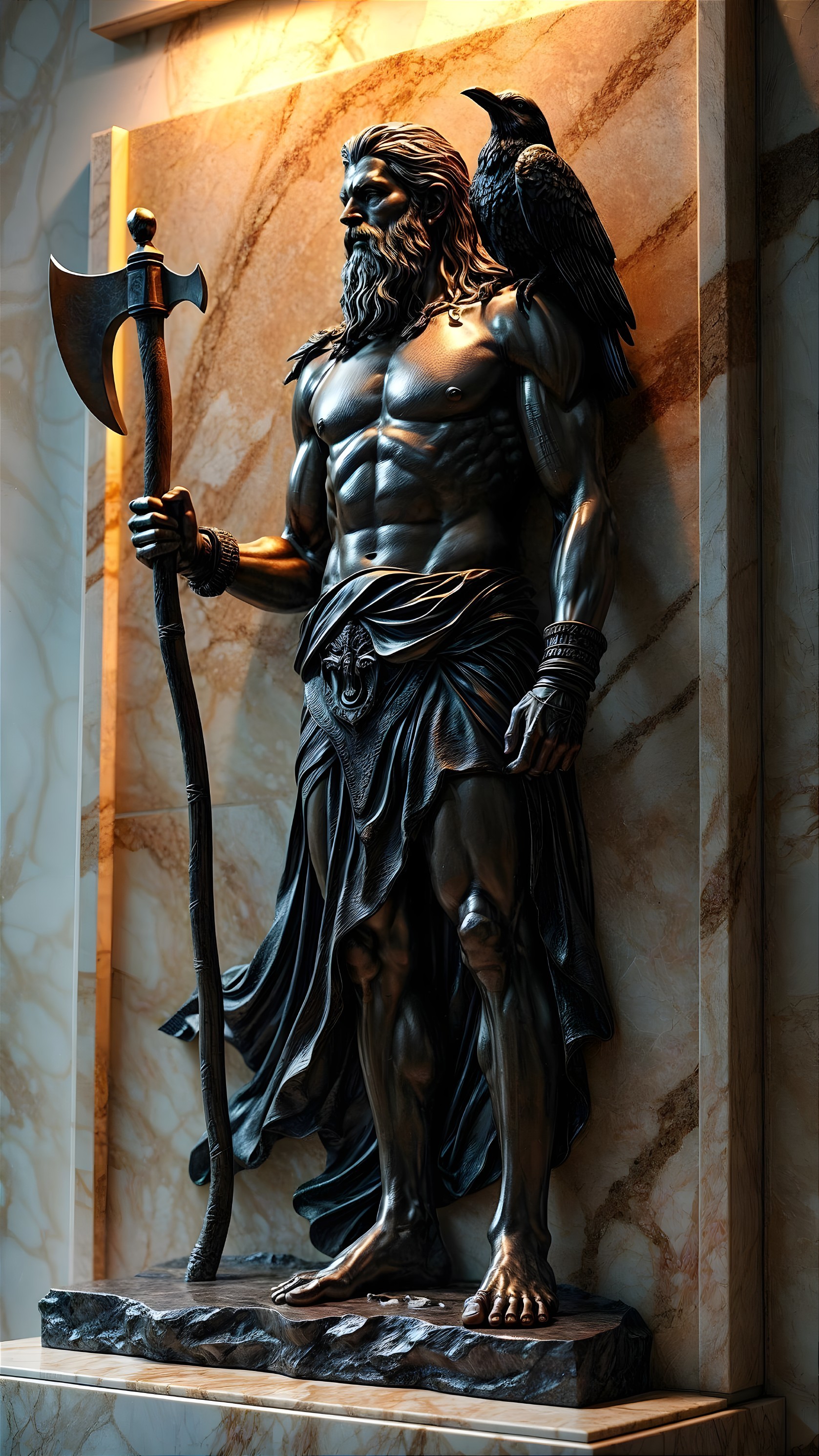 Bronze Statue of Muscular Deity with Axe and Raven