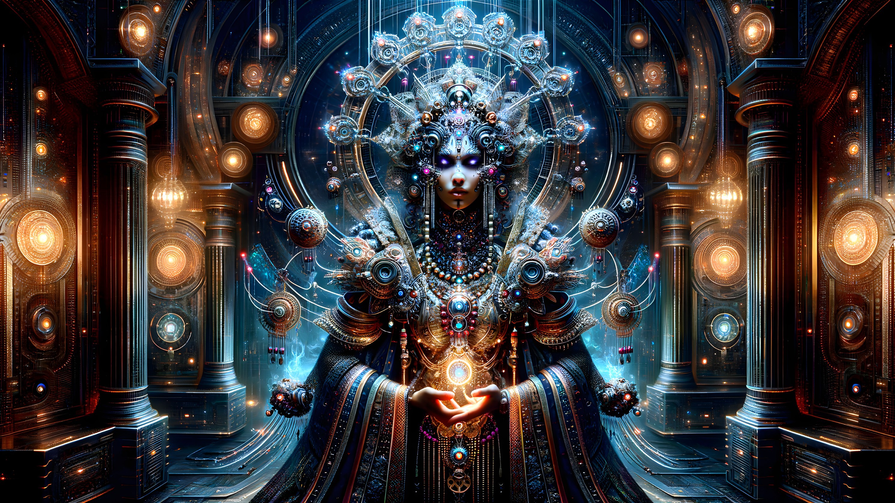 Futuristic figure with jewelry in cosmic backdrop