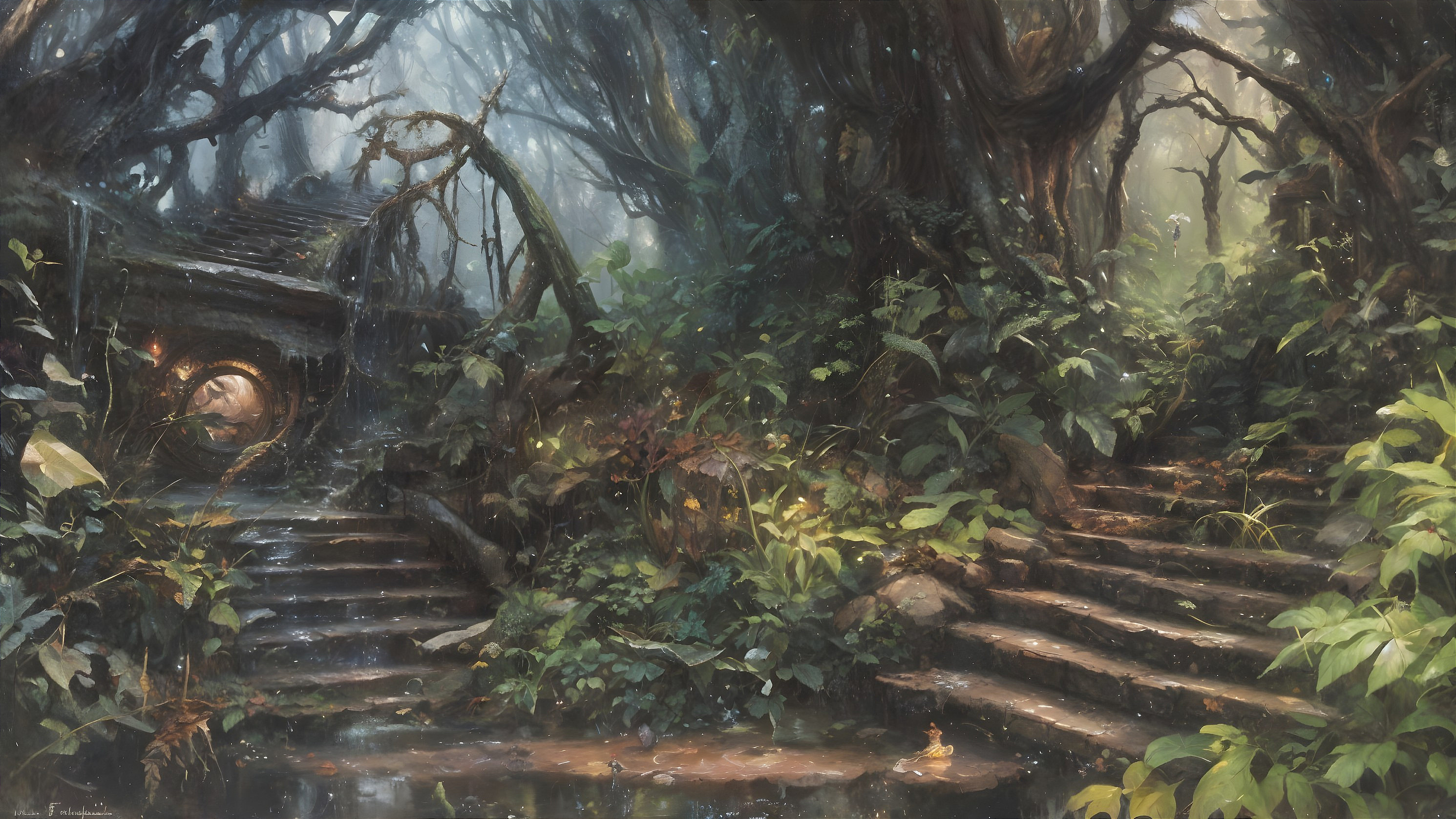 Mystical Forest with Winding Staircases and Water Clearing