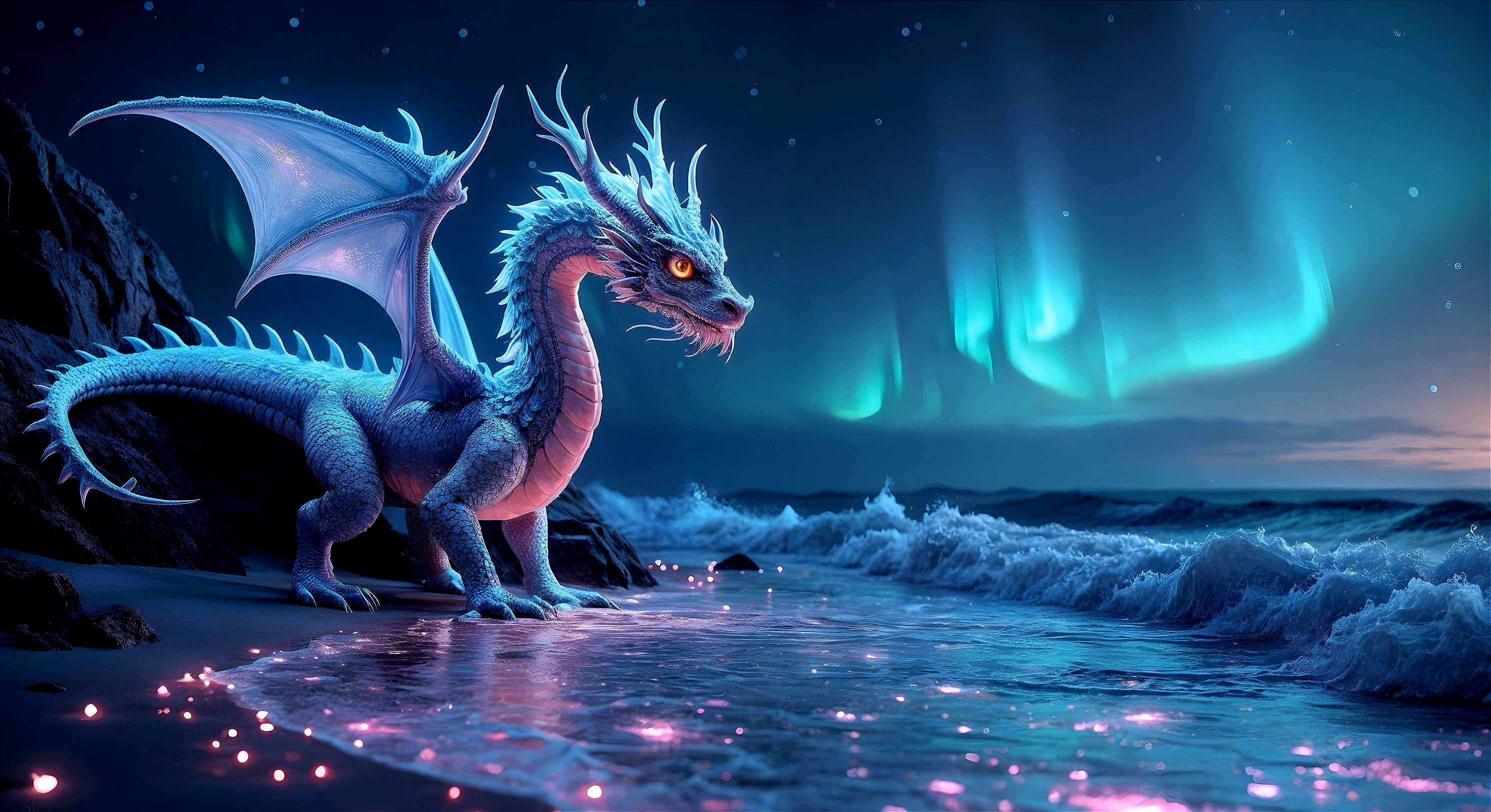 Blue Dragon on Rocky Shore Under Northern Lights