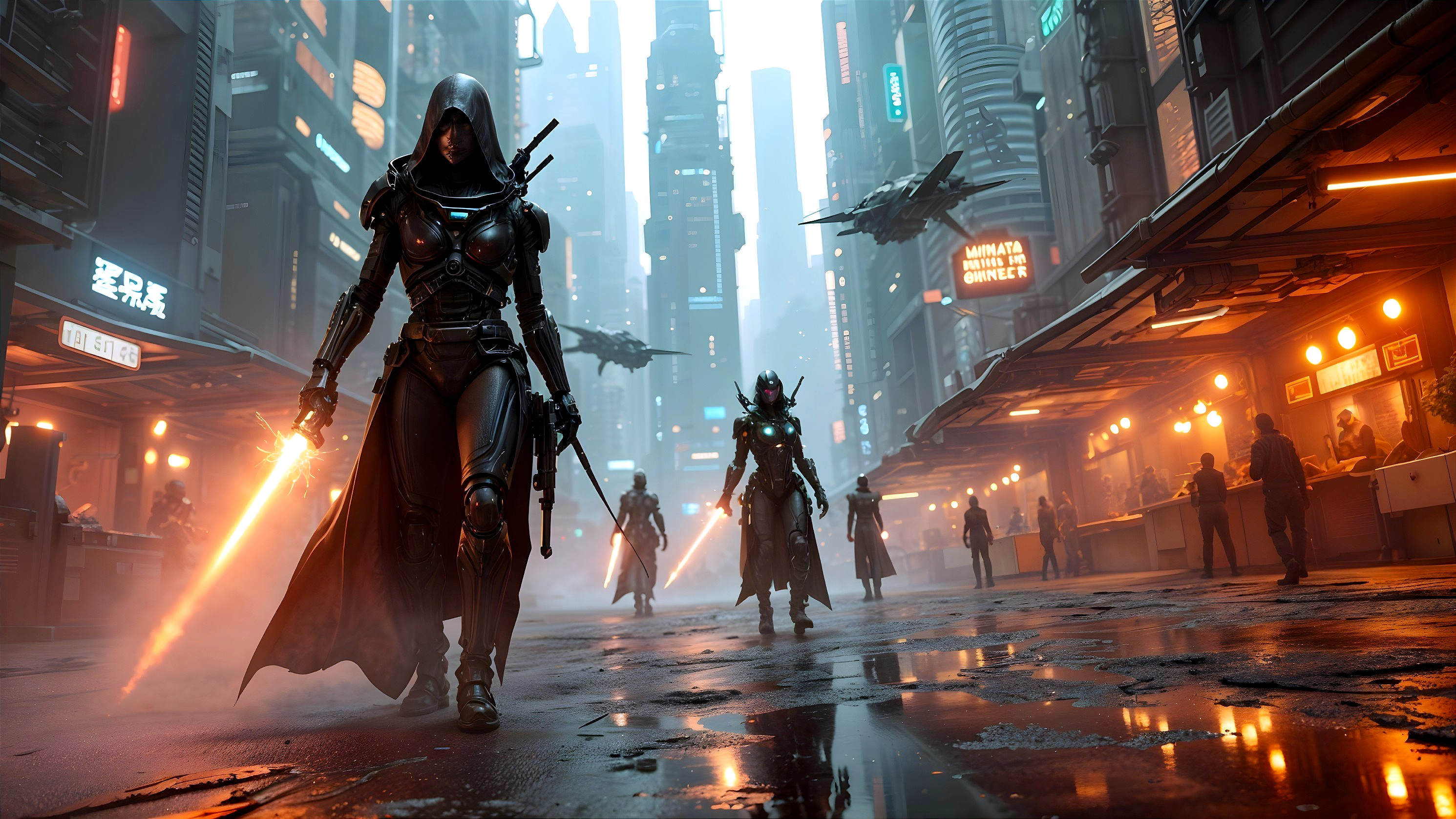 Futuristic Cityscape with Armored Figures and Neon Lights