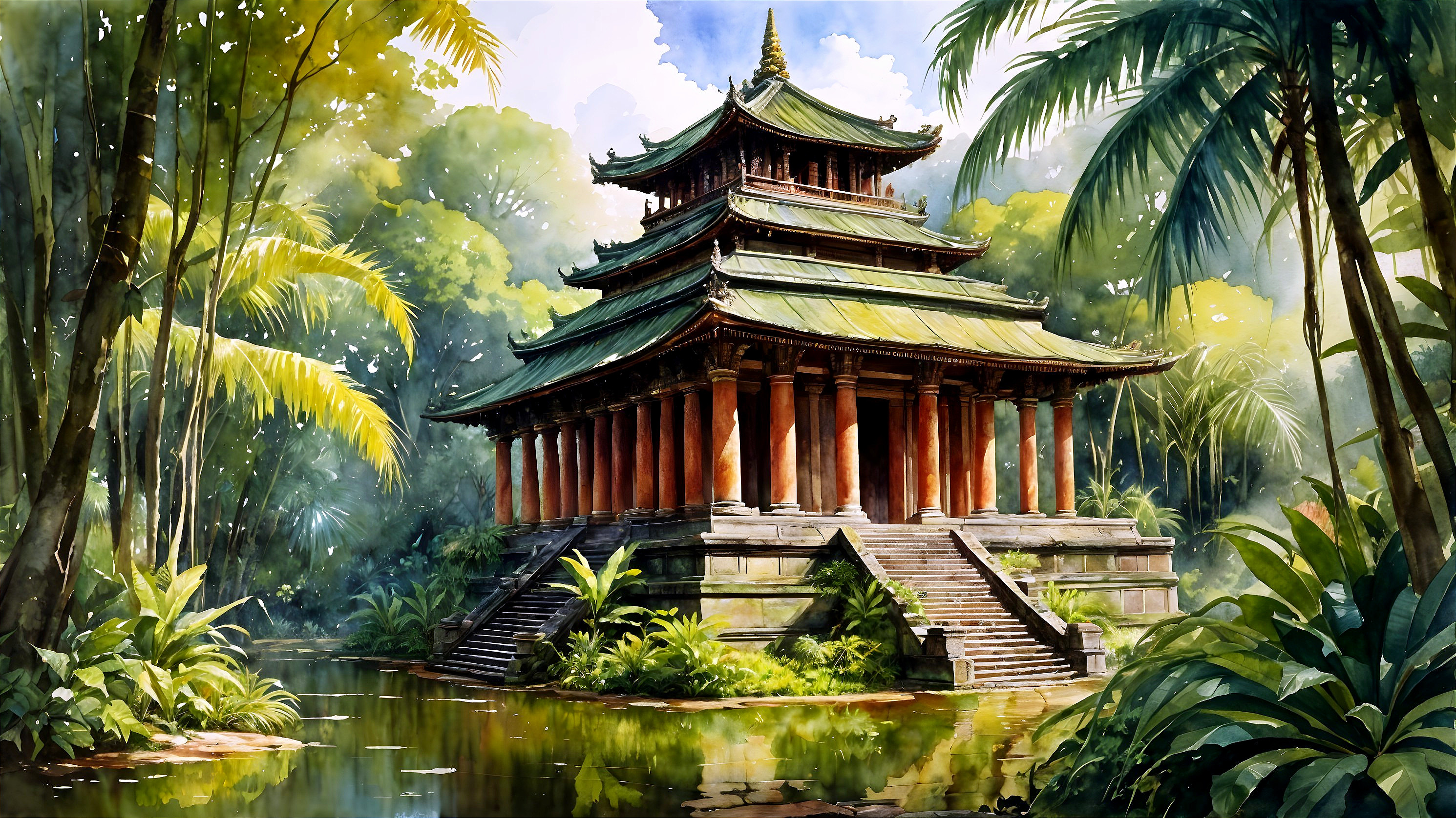 Serene temple surrounded by lush greenery and pond