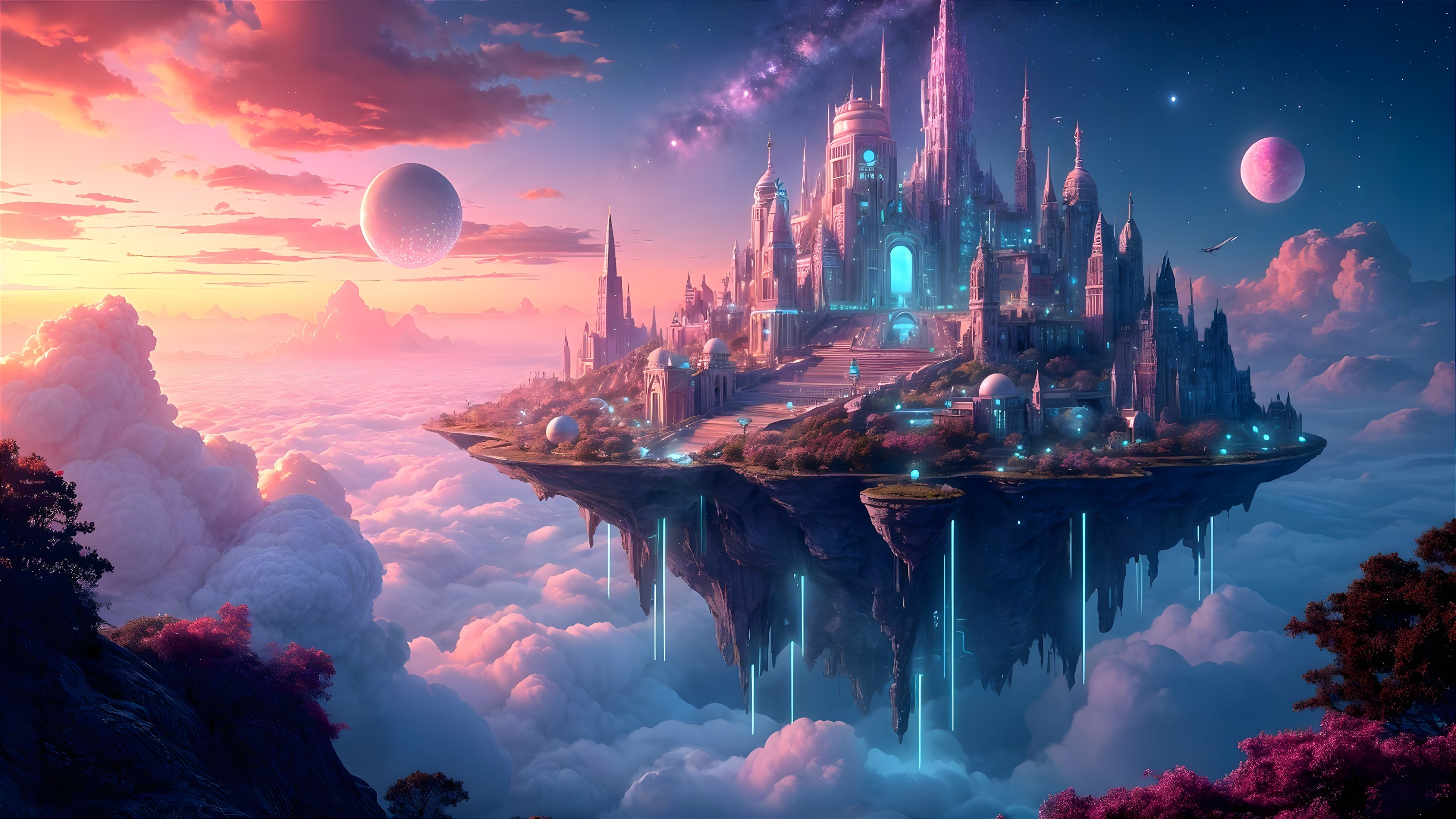 Floating Castle Above Clouds at Sunset with Waterfalls