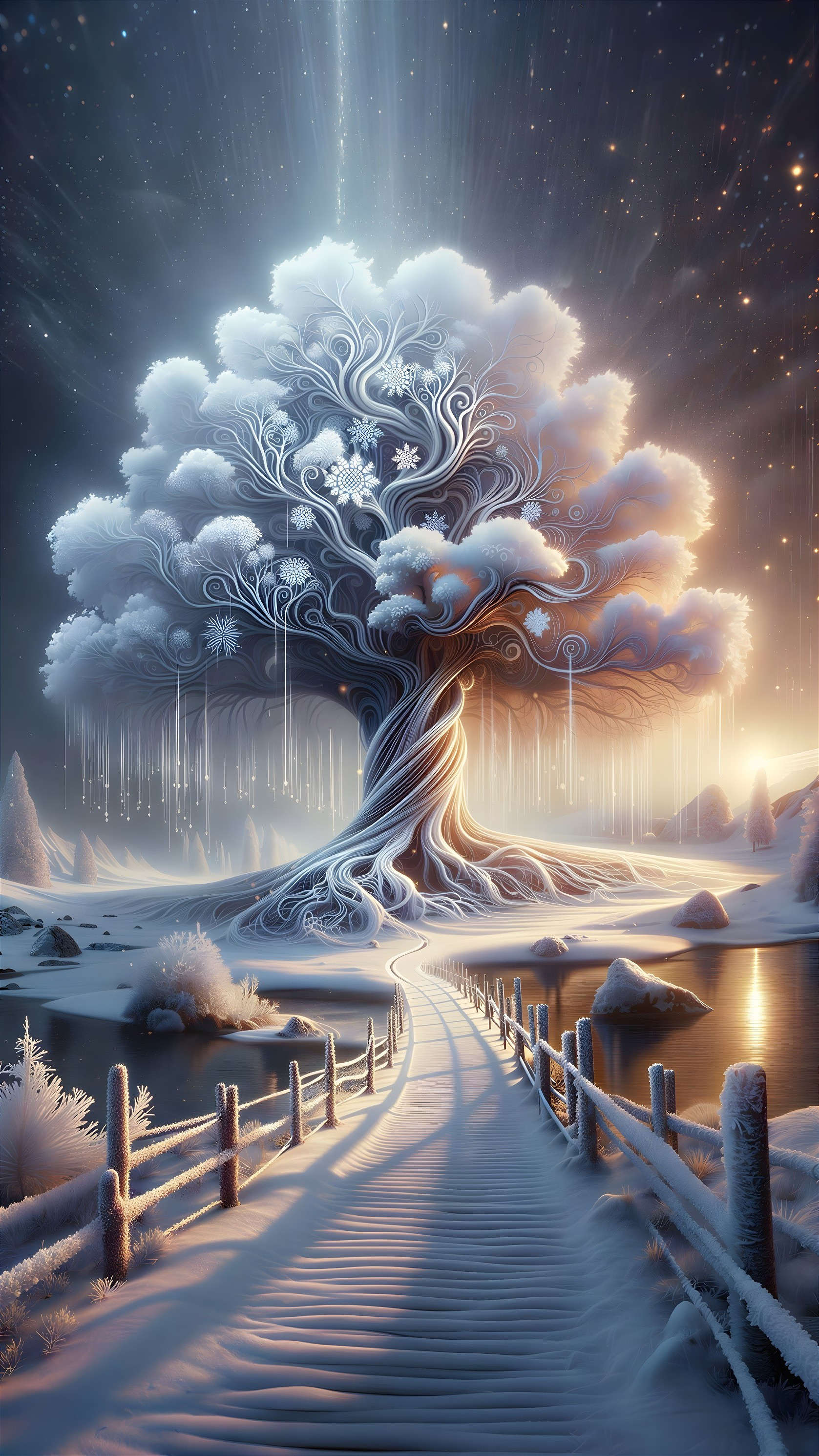 Giant Glowing Winter Tree in Ethereal Fantasy Landscape