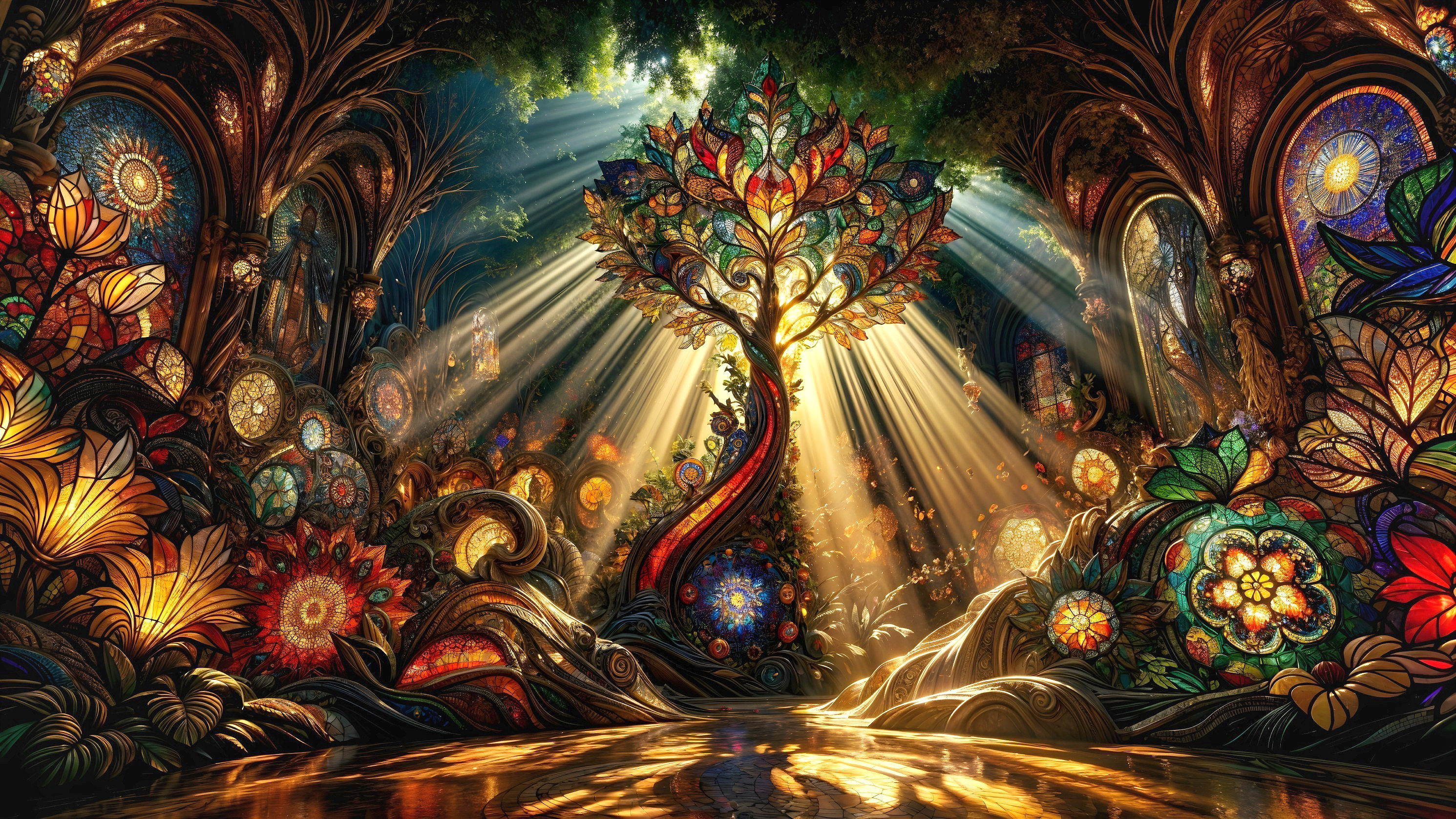 Whimsical Forest Scene with Stained Glass Tree