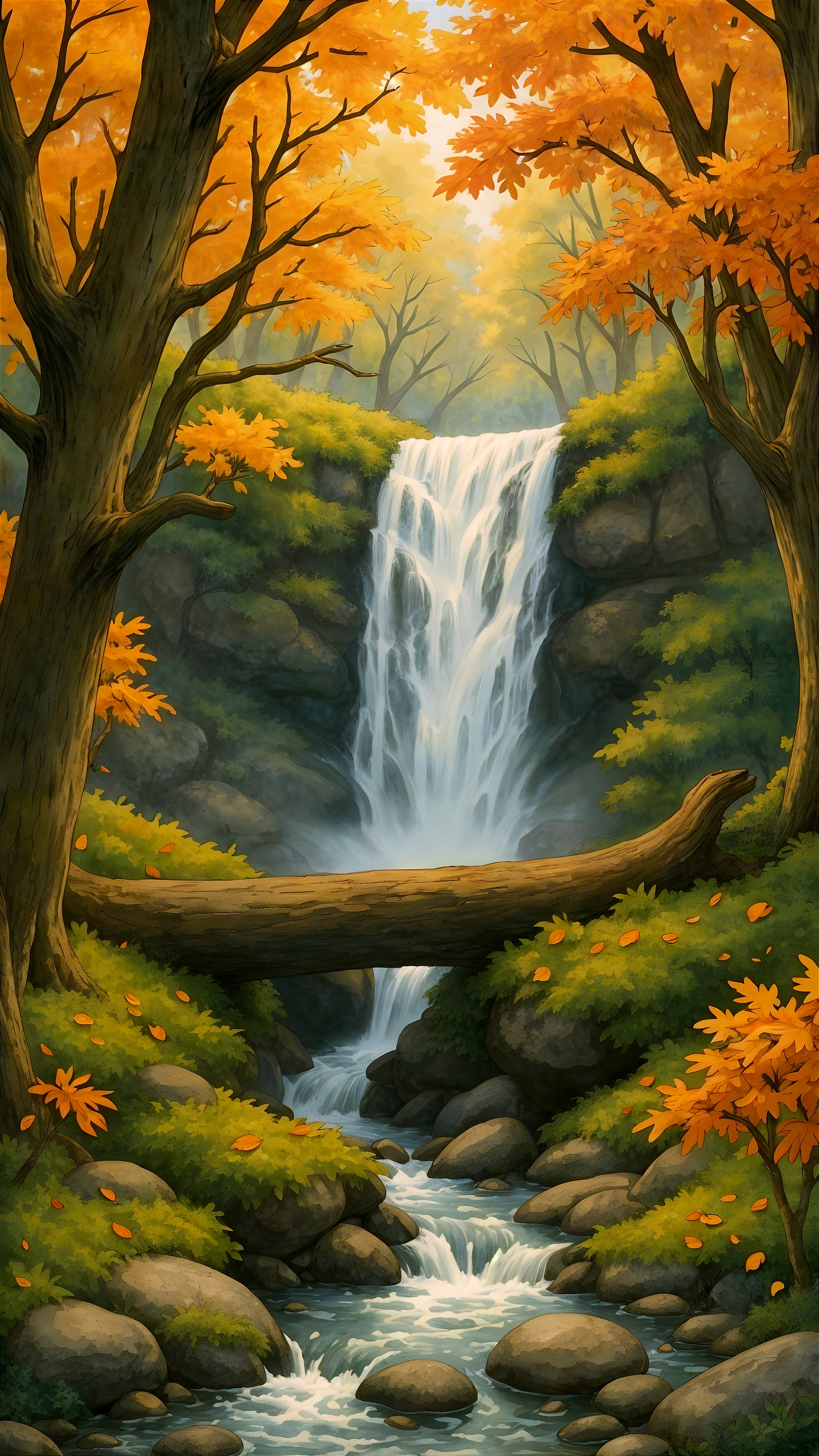Serene Waterfall Surrounded by Autumn Foliage