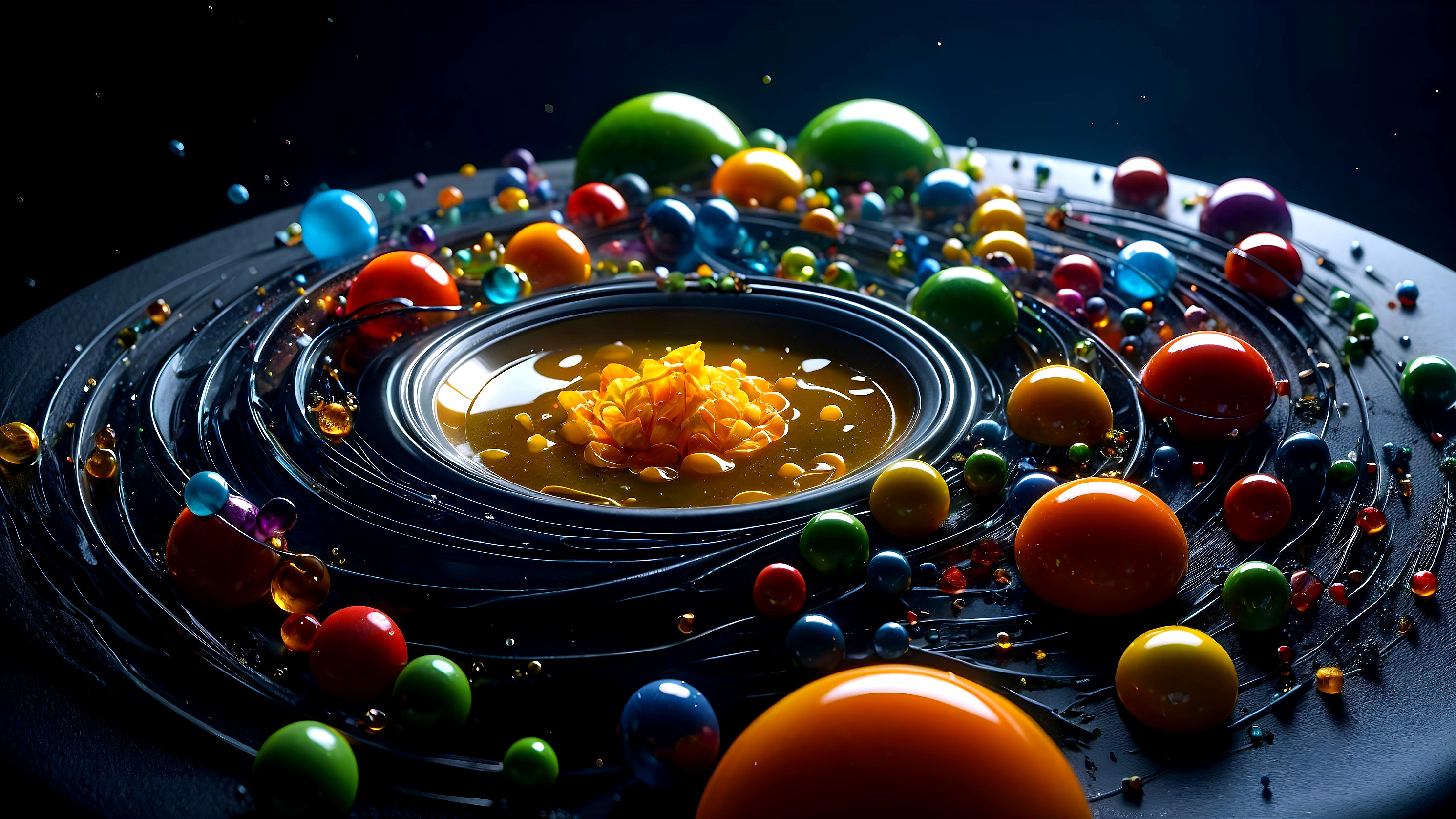 Colorful Spheres and Flower Arrangement on Black Plate