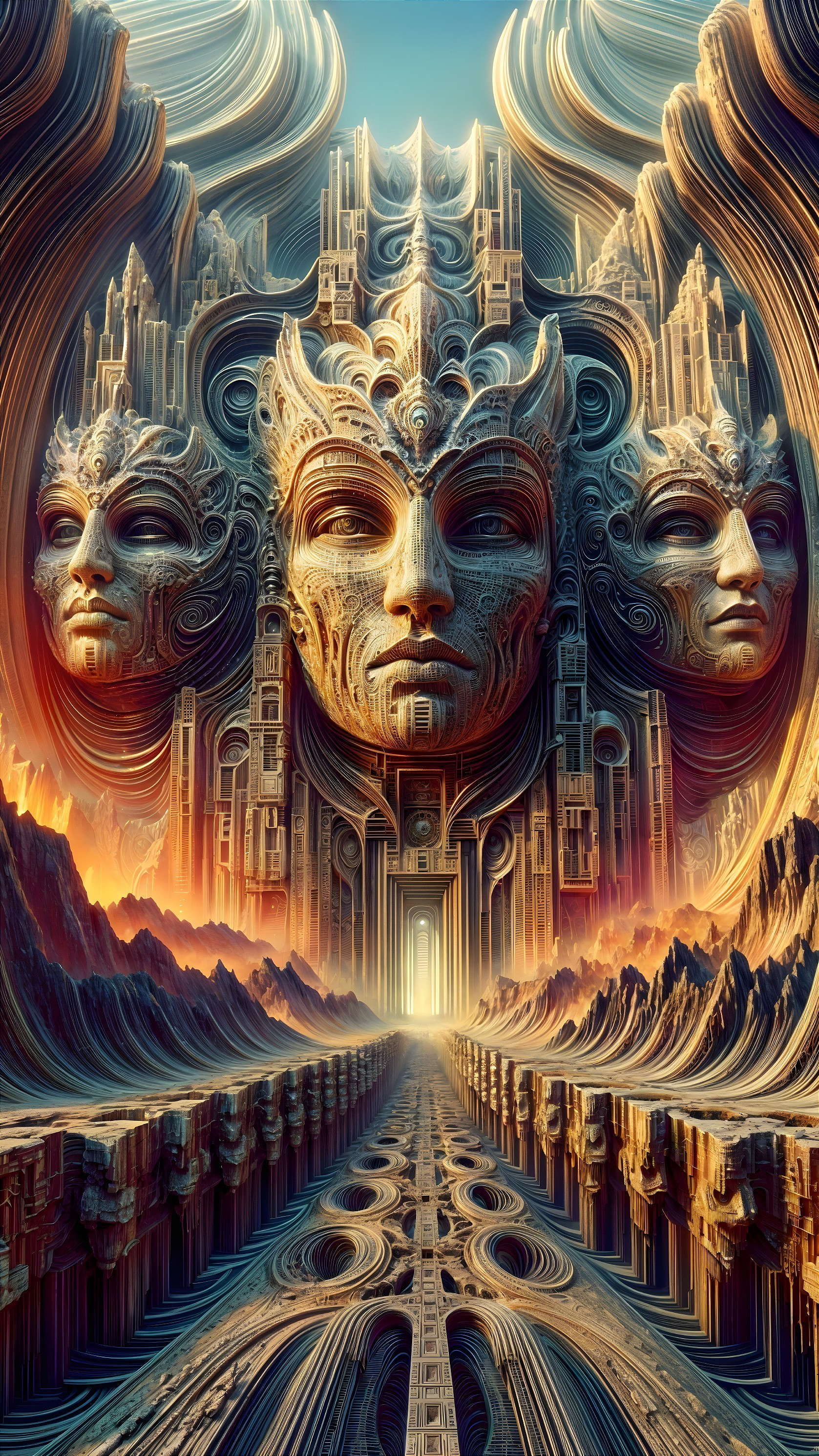 Surreal Landscape with Ornate Faces and Mountains