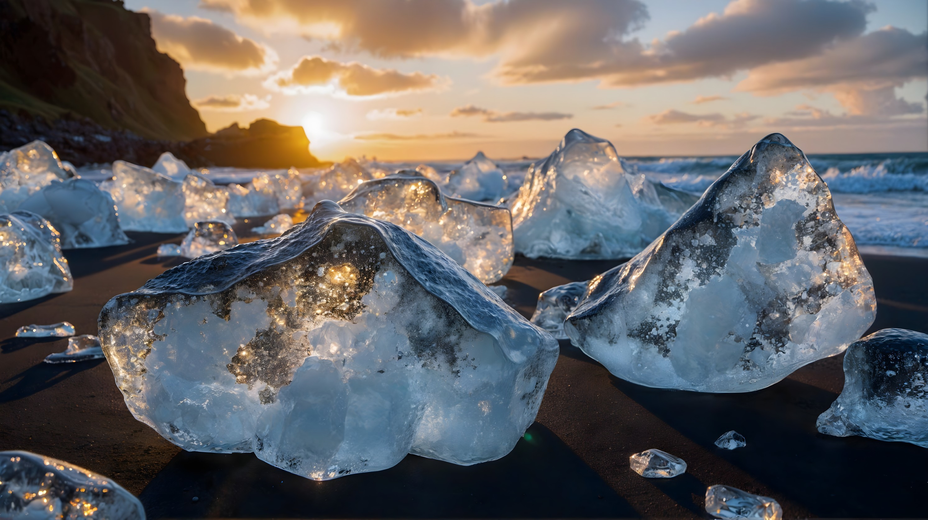 Beach Sunset with Ice Formations on Black Sand Shore