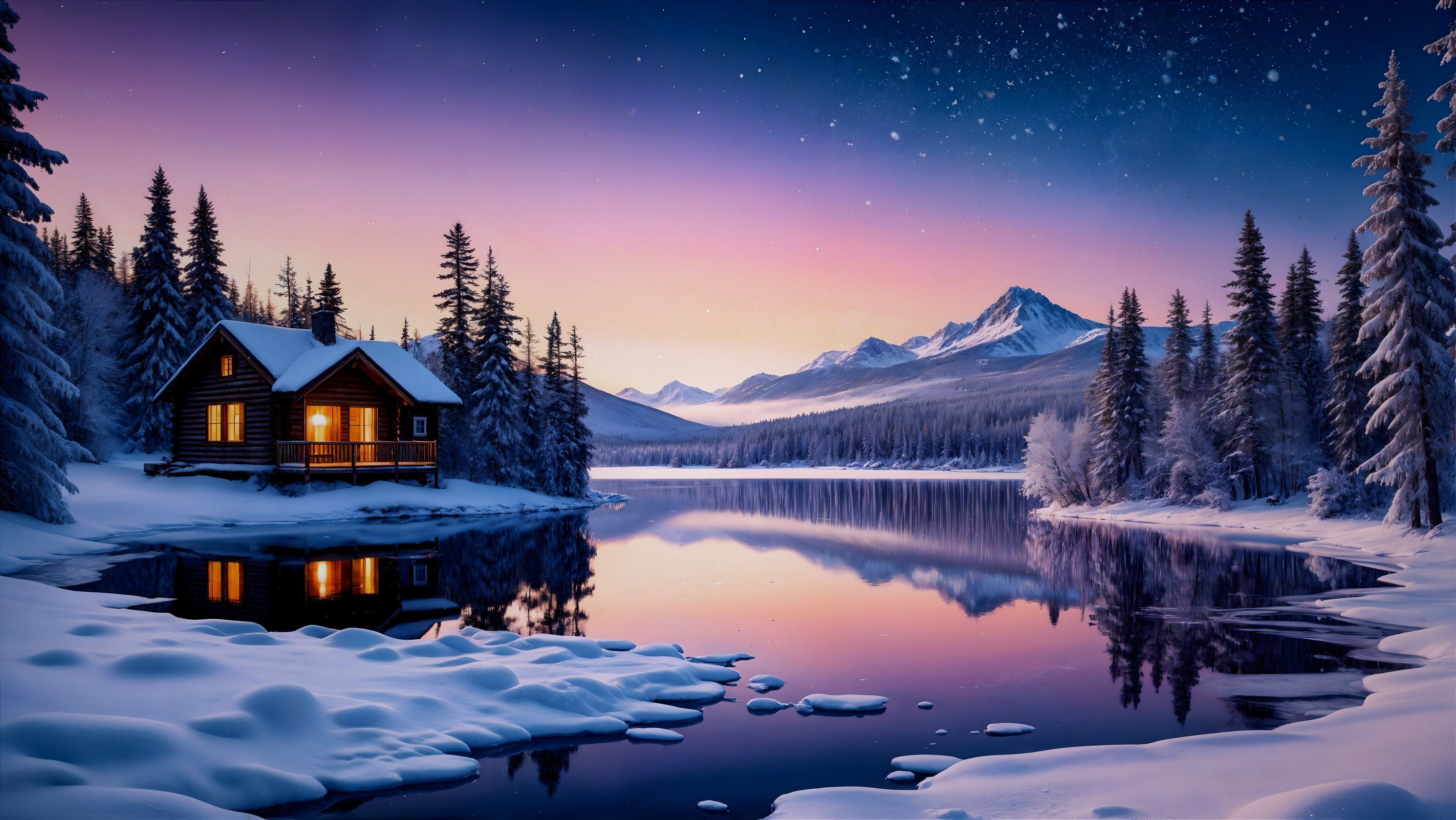 Cozy Cabin in Serene Winter Landscape with Lake