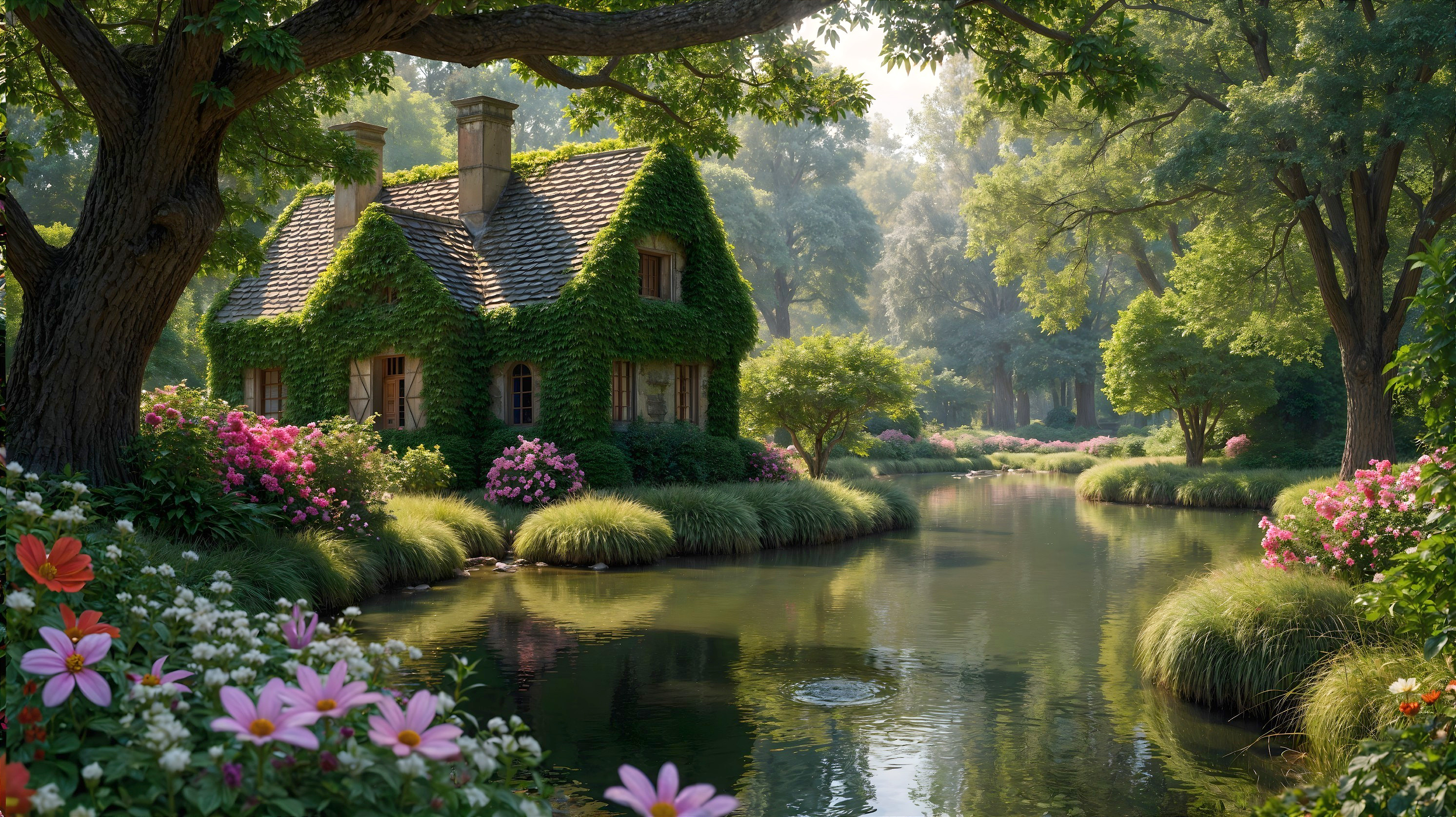Charming Cottage with Ivy by a Reflective Pond