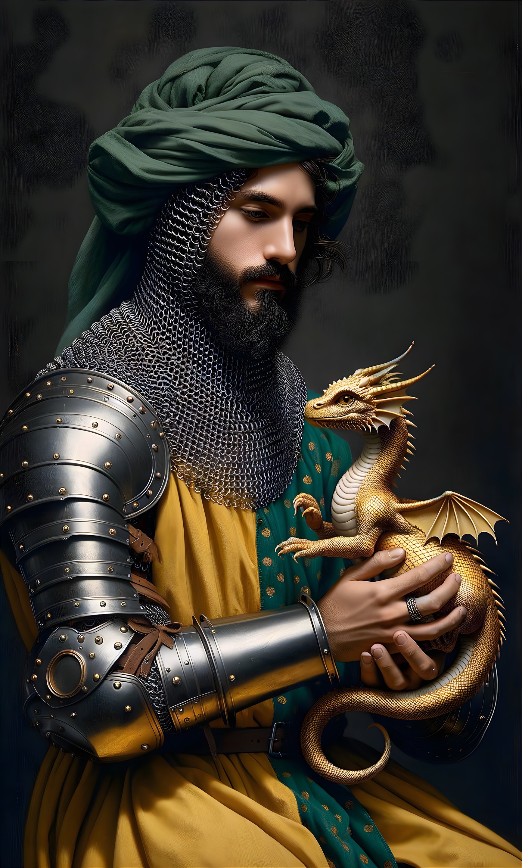 Warrior in Green and Yellow Tunic with Golden Dragon