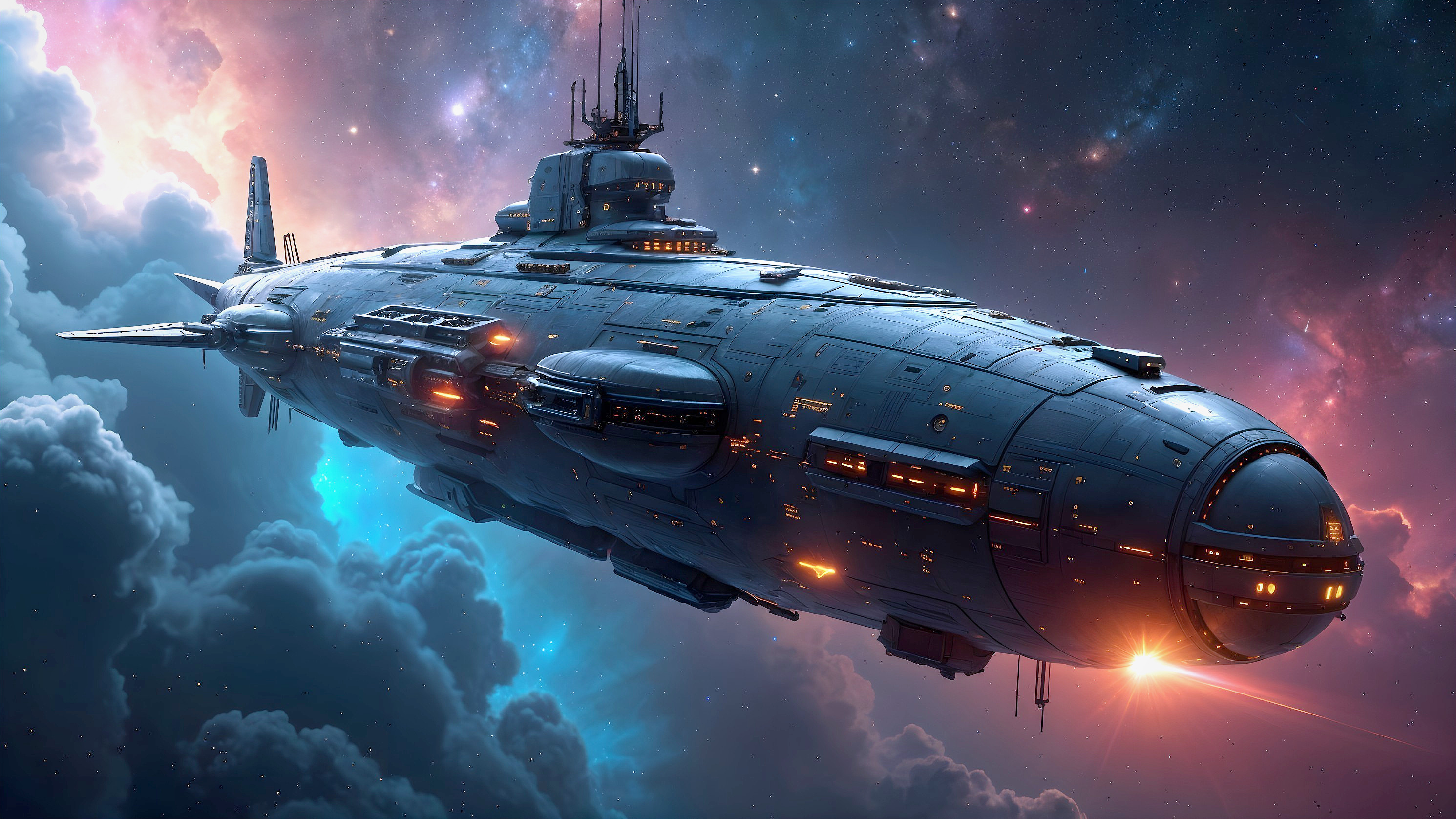 Futuristic spaceship in vibrant cosmic expanse