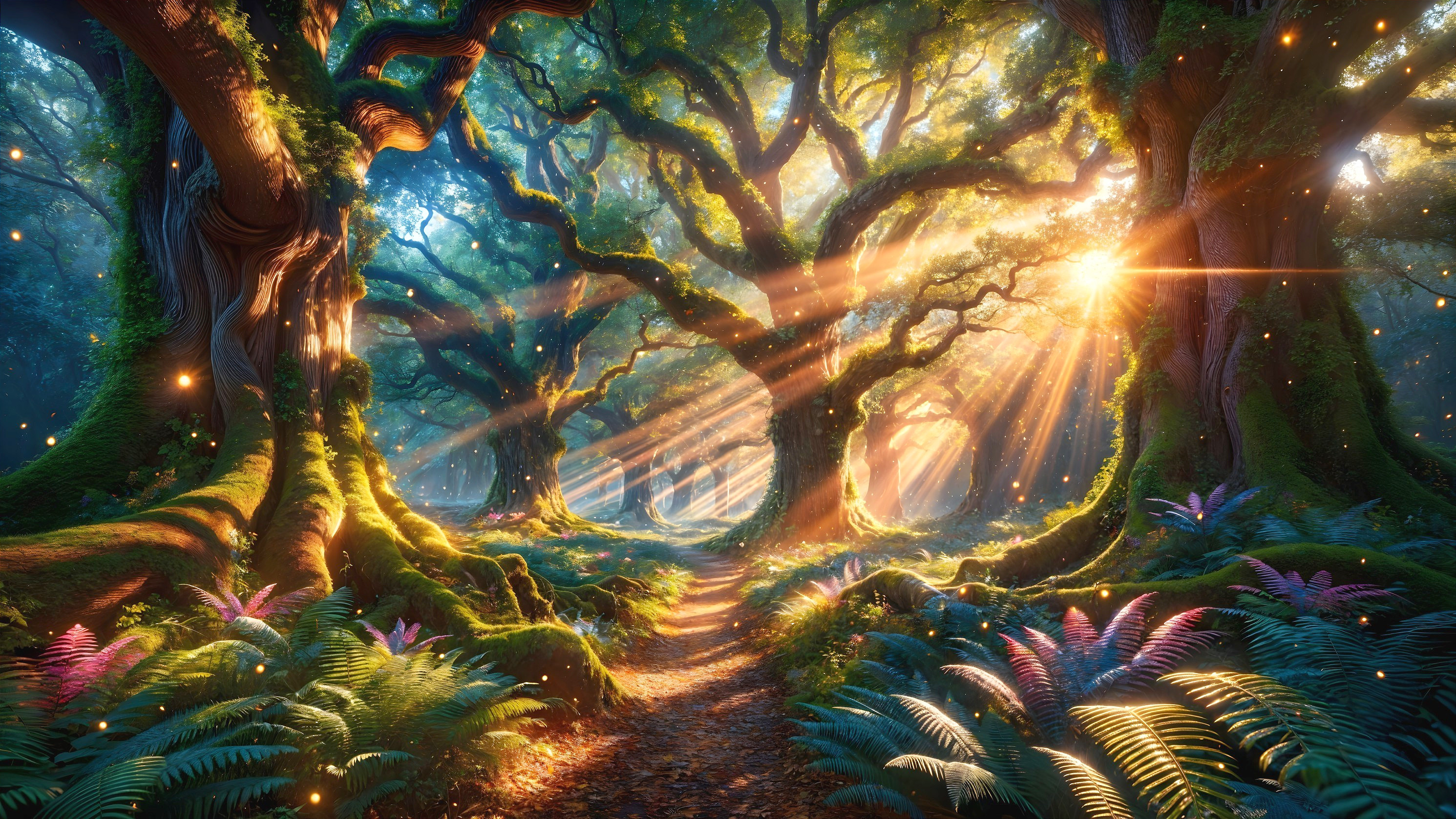 Serene Forest Scene with Sunlight and Lush Foliage