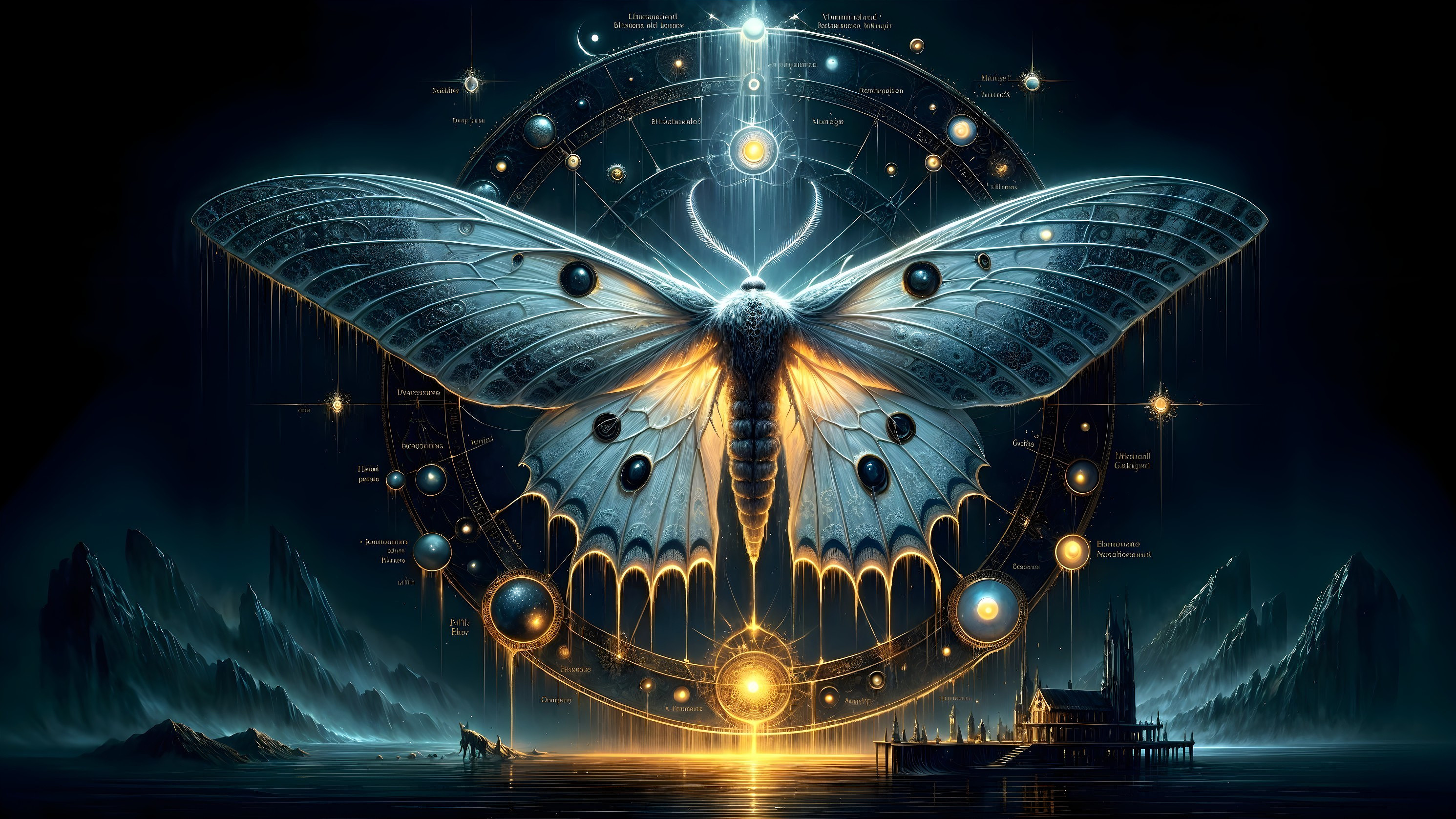 Majestic butterfly with celestial wheel in serene landscape