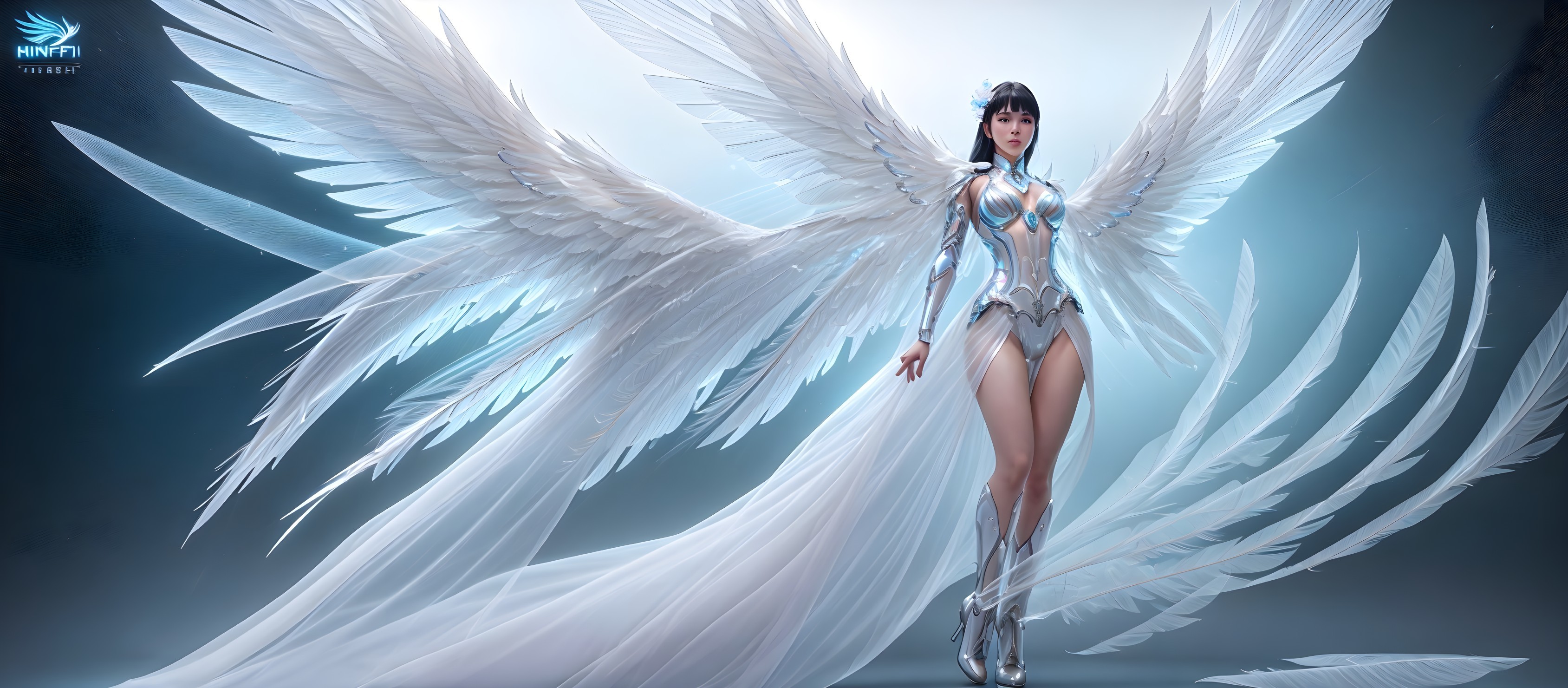 Digital Artwork: Woman with White Wings & Silver Armor