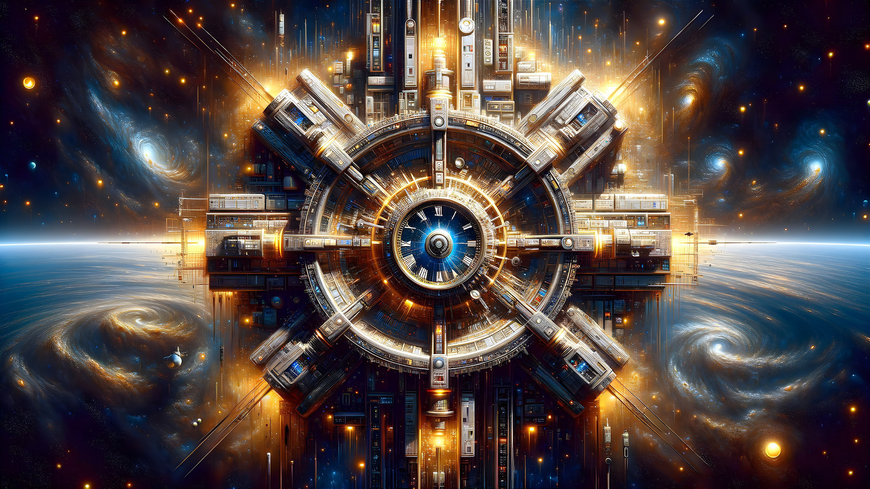 Futuristic Space Station with Golden and Blue Hues