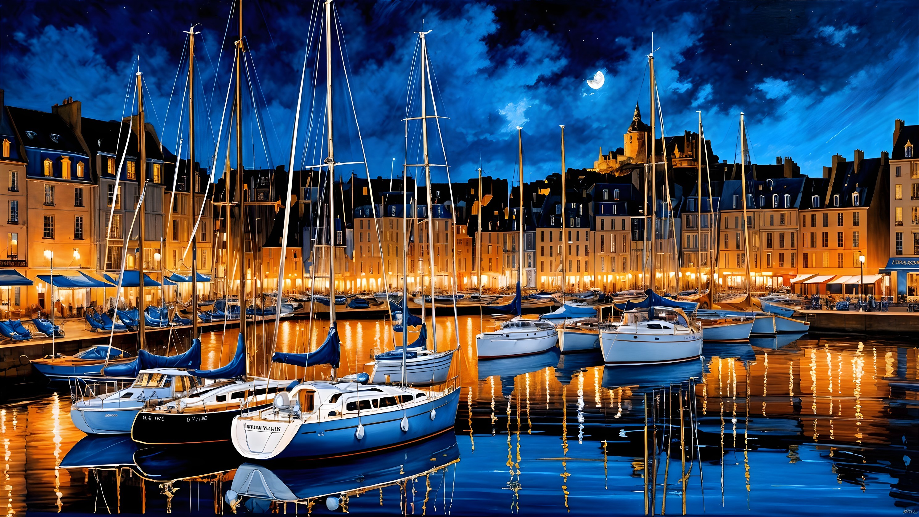 Picturesque Night Harbor with Boats and Illuminated Buildings
