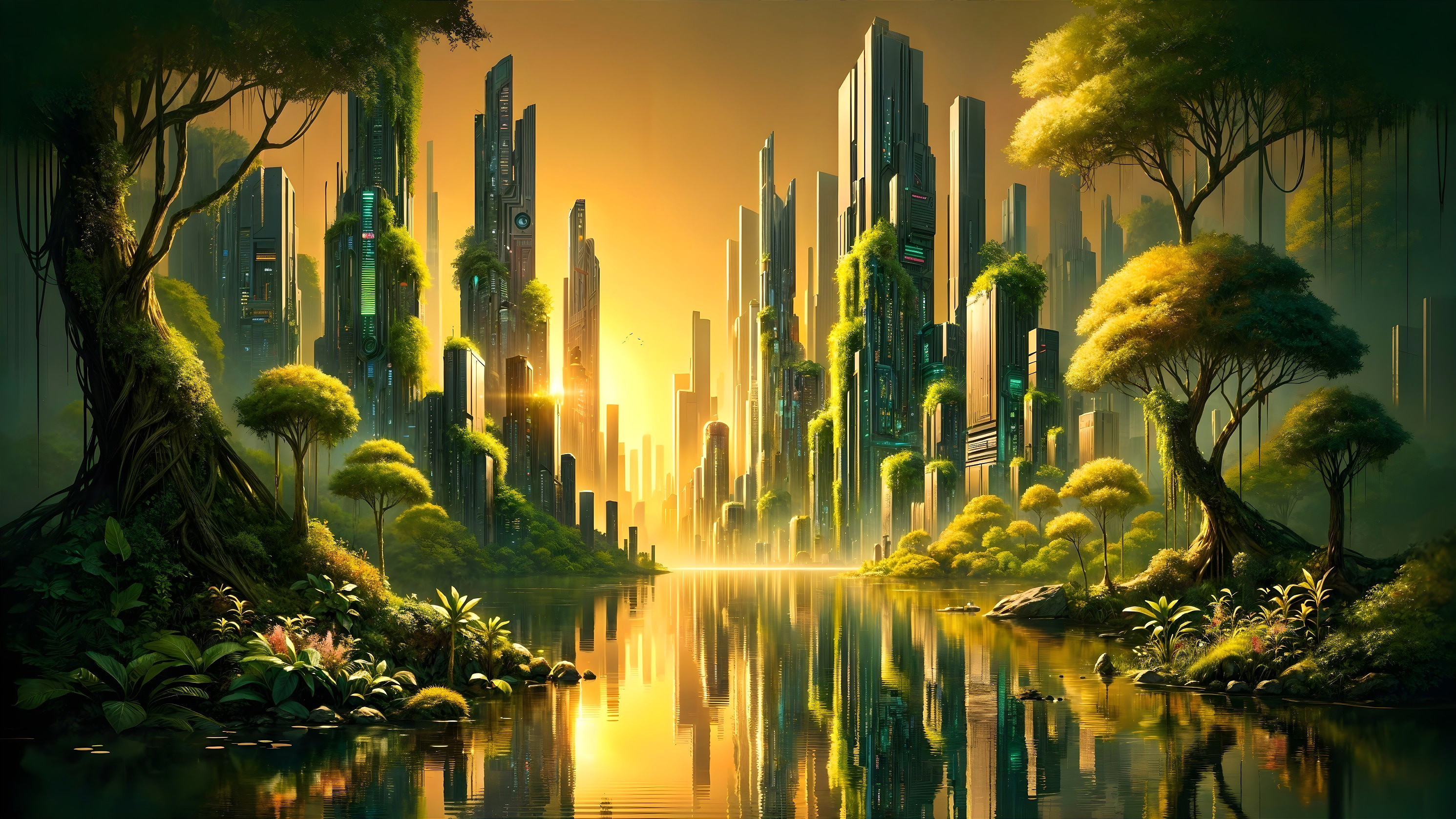Futuristic Cityscape by Tranquil River at Sunset