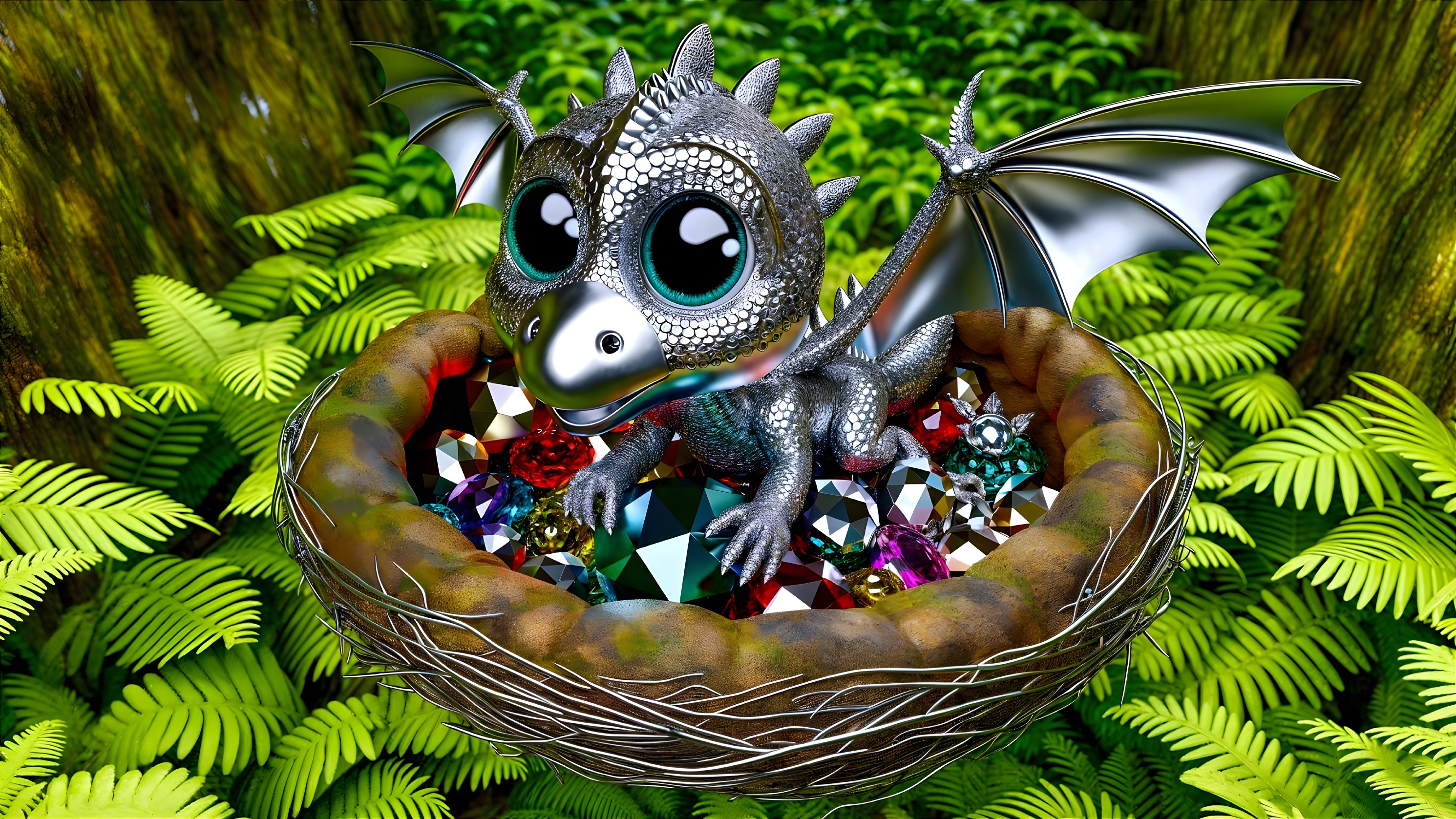 Silver Dragon Nestled Among Gems in Forest Setting