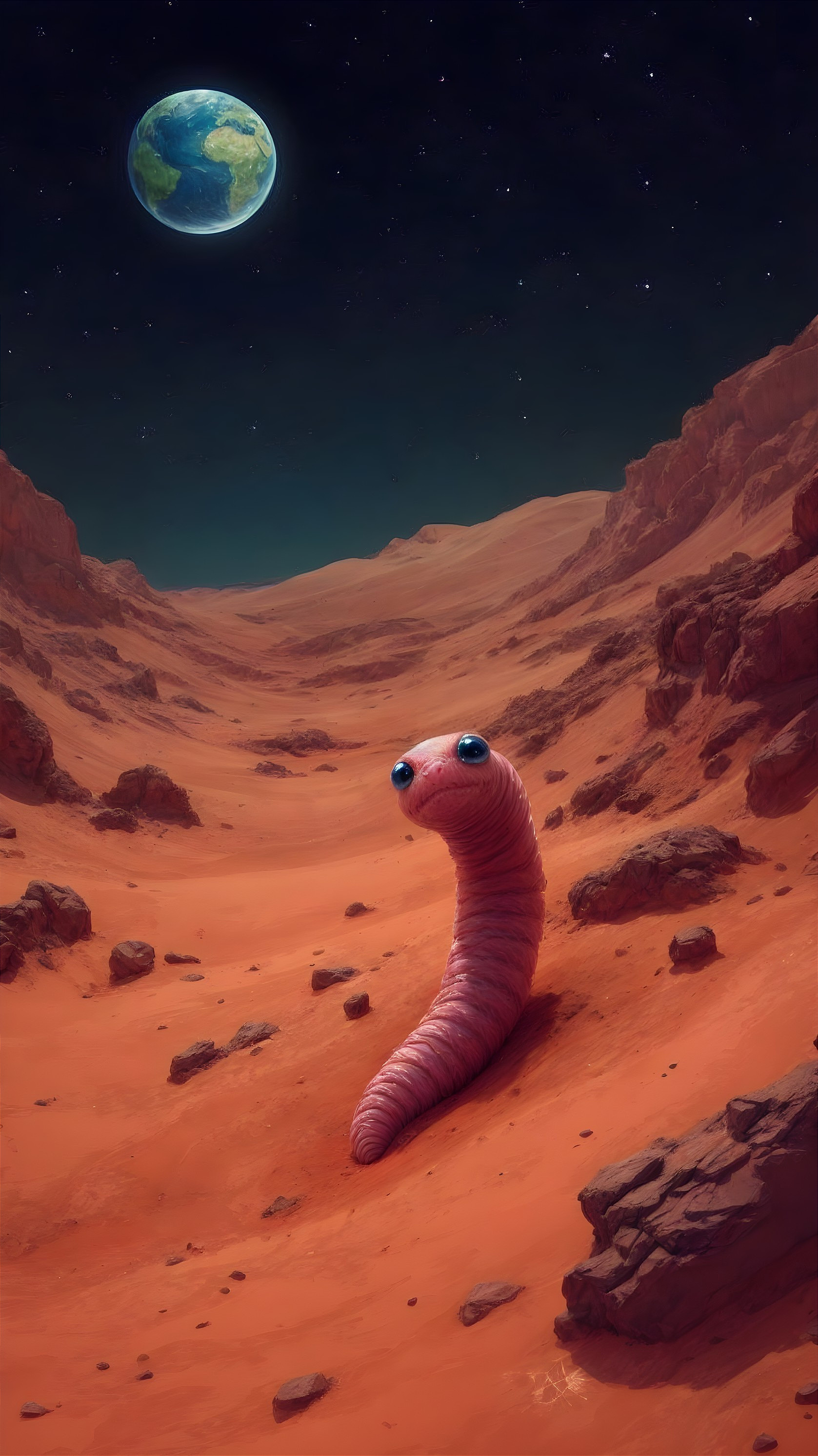 Surreal Martian Landscape with Whimsical Pink Worm
