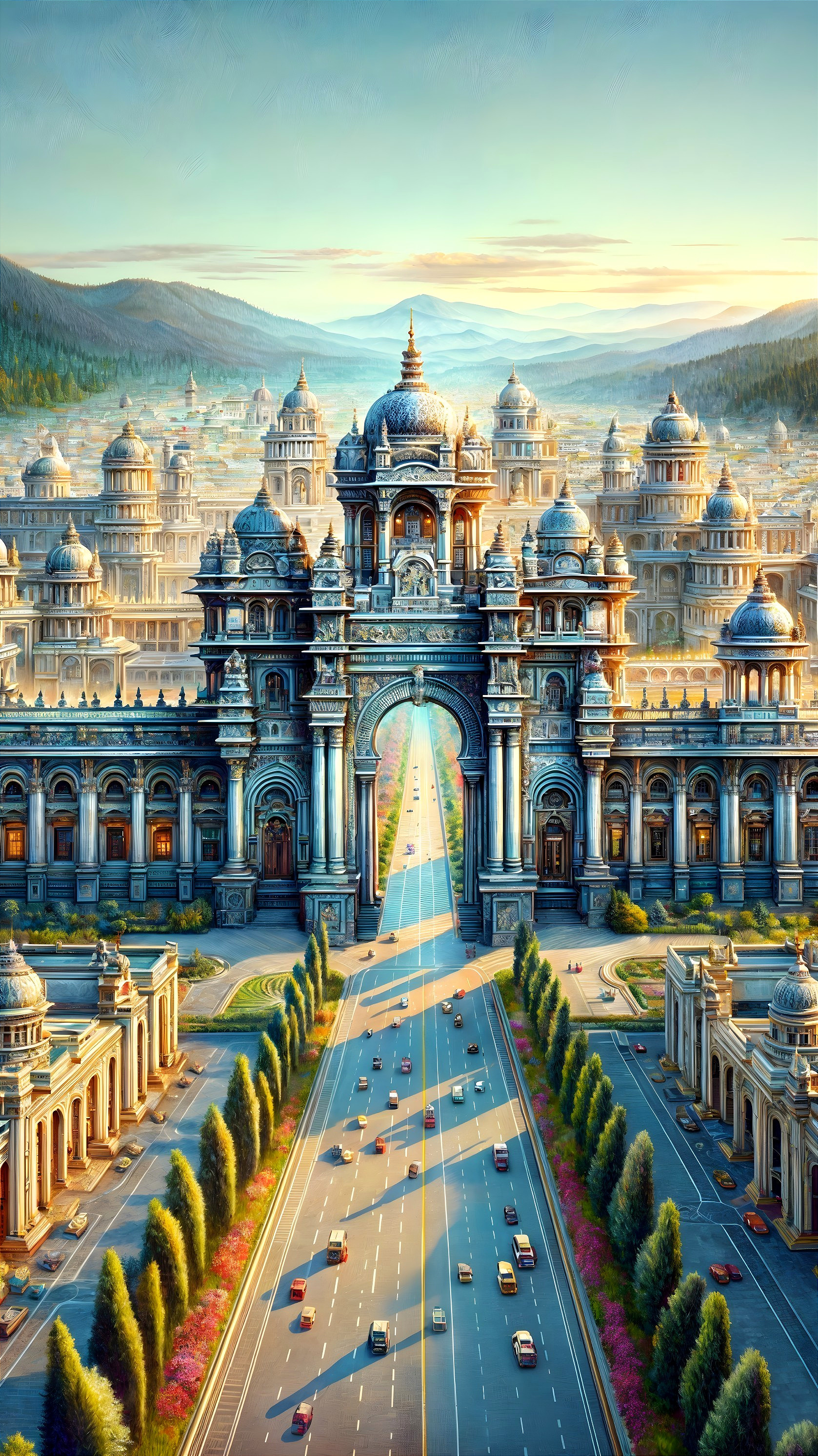Grand Architectural Structure with Lush Greenery and Cityscape