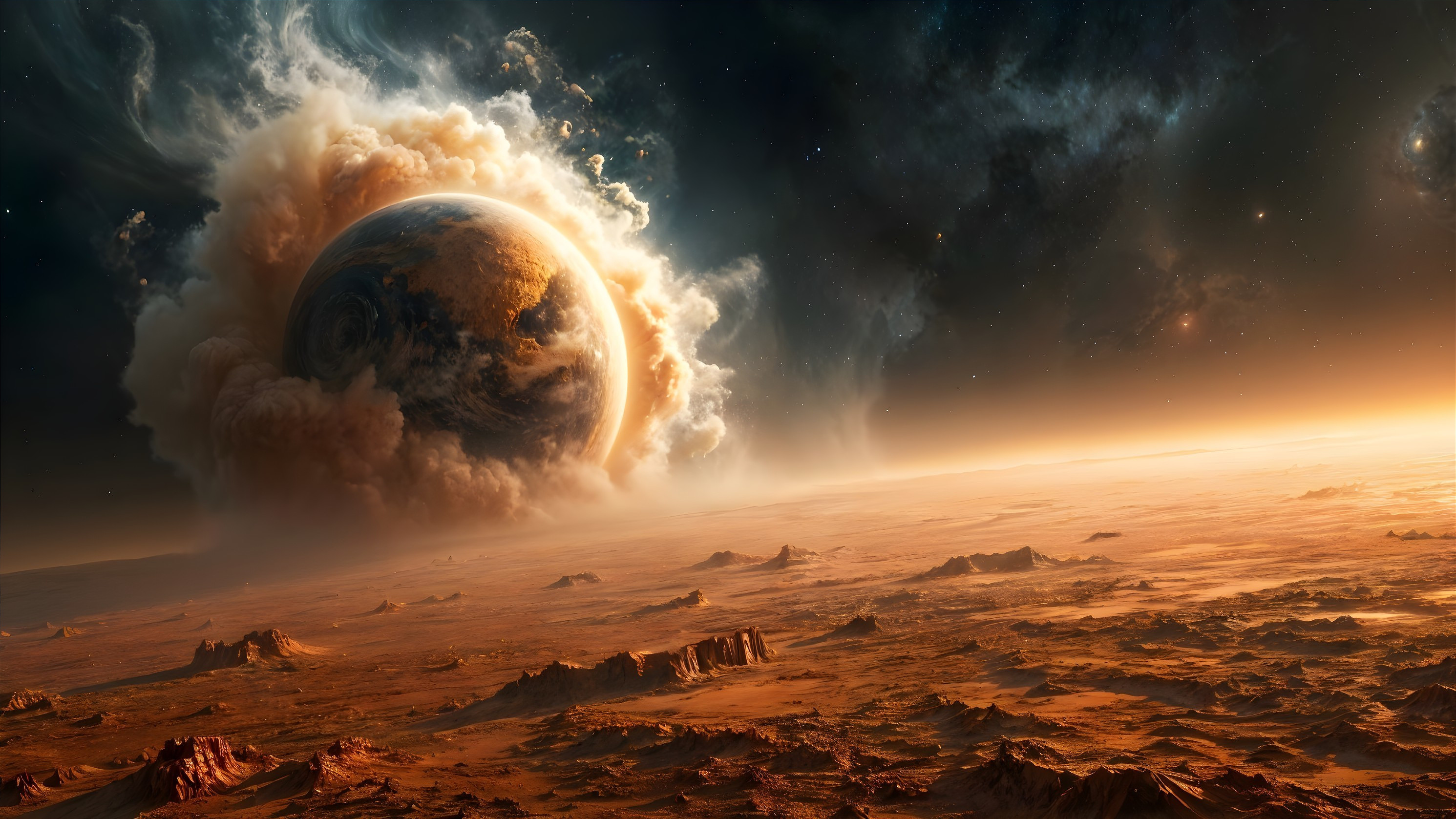 Cosmic Landscape with Massive Planet and Rugged Terrain