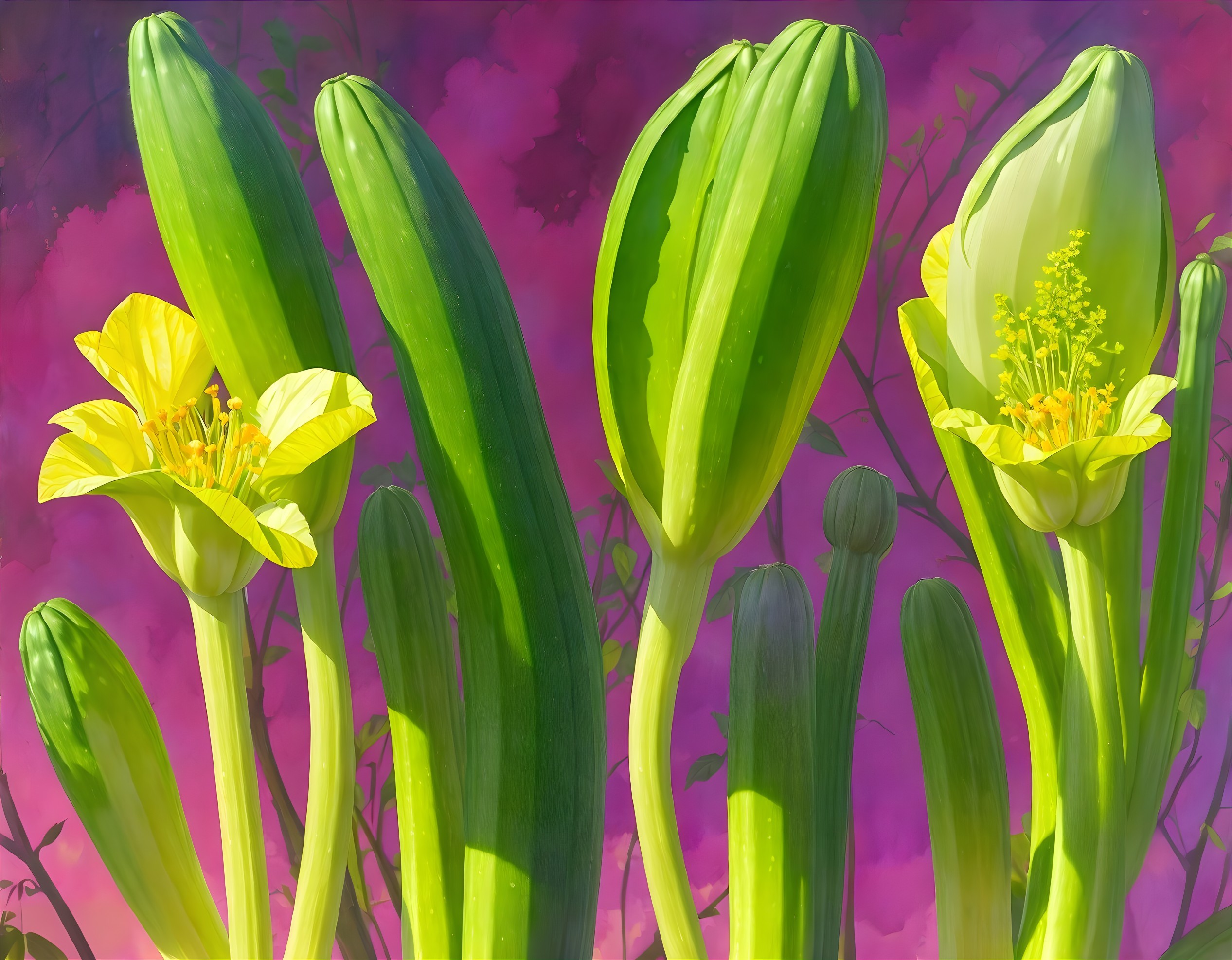 Vibrant Green Plants with Yellow Flowers and Pink Background