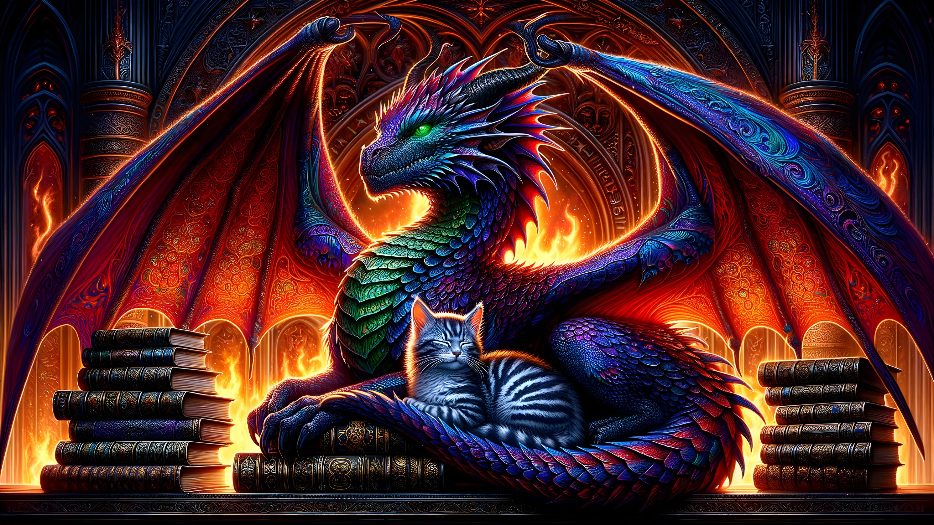 Majestic dragon and cat in a mystical book scene