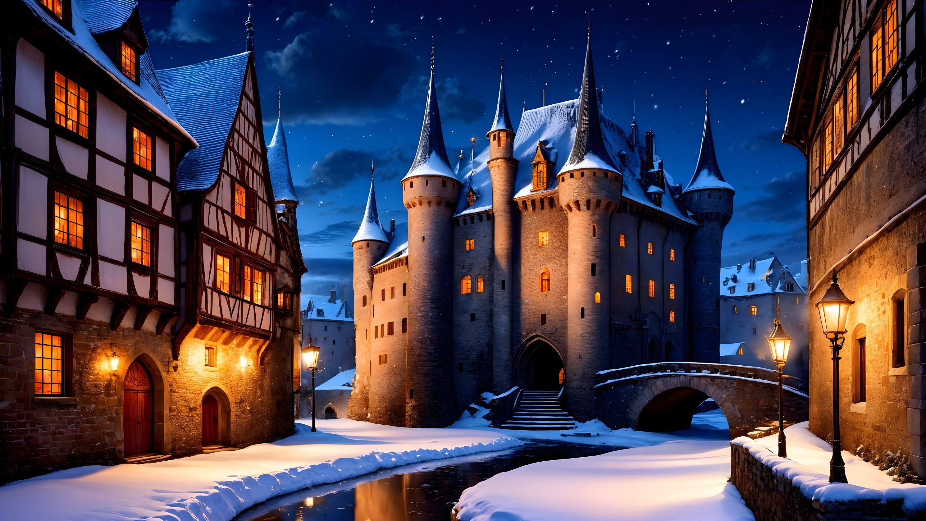 Medieval Castle in Serene Winter Night Scene