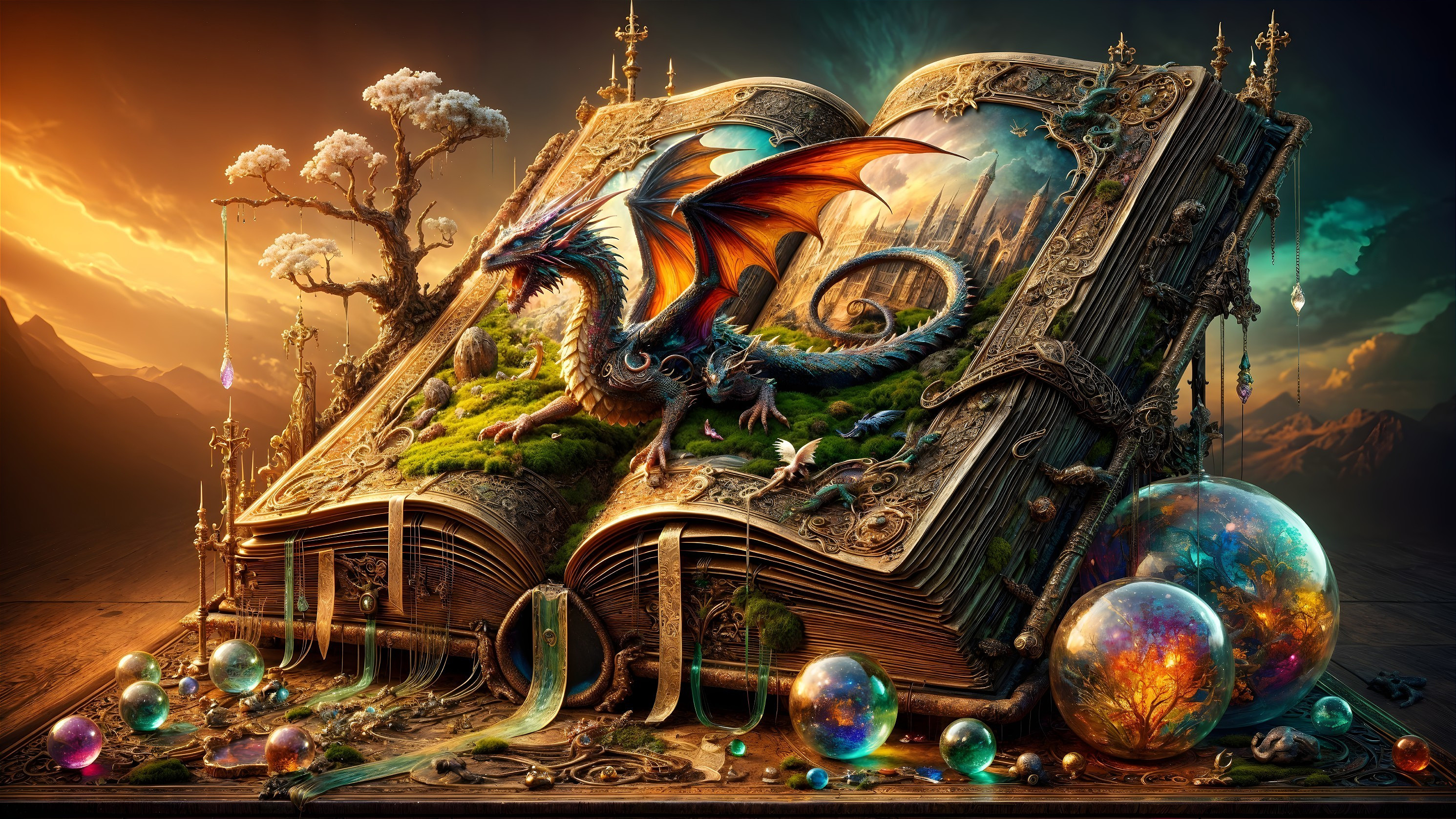 Vibrant Dragon on Ancient Book with Mystical Landscapes