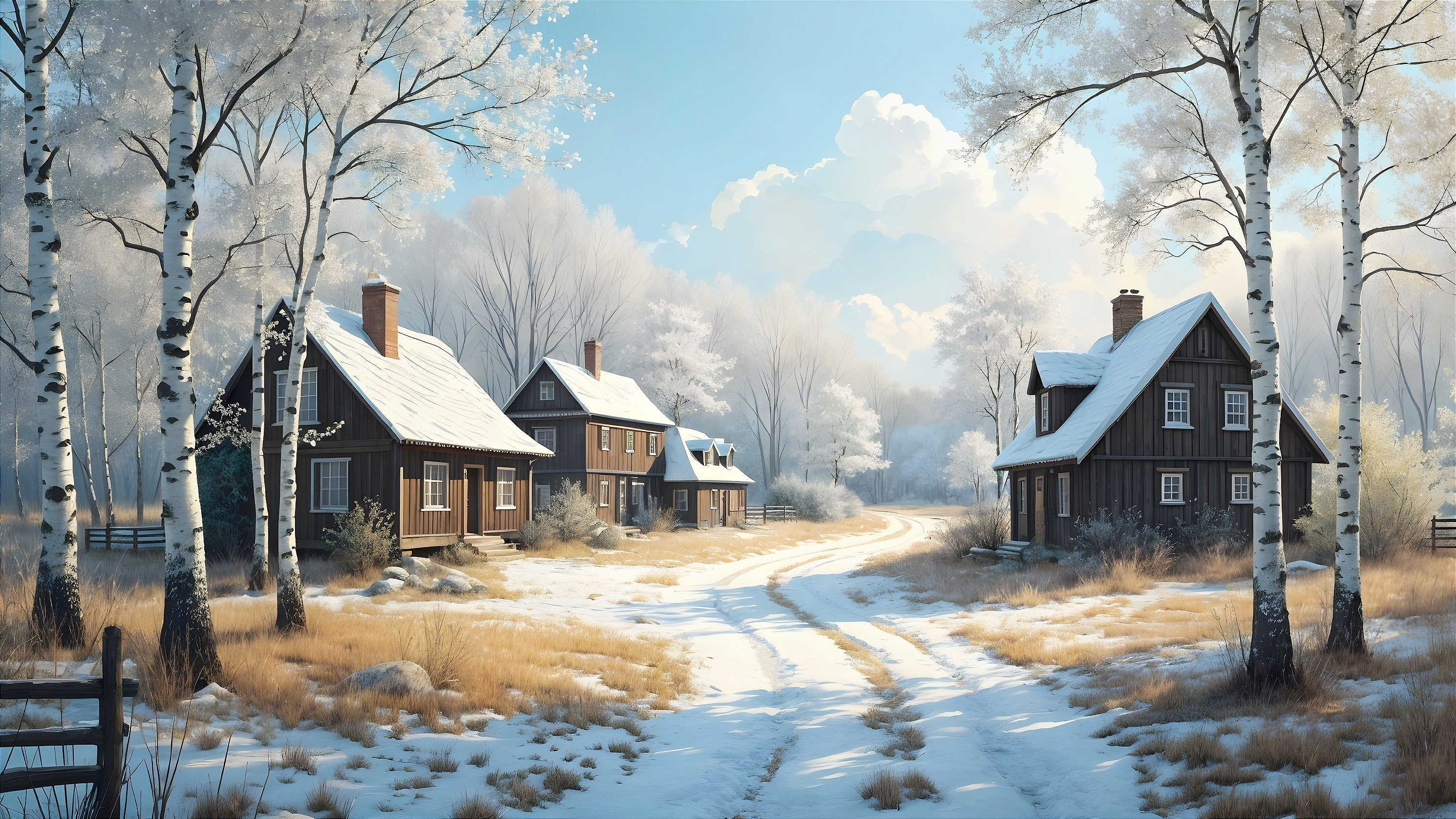 Winter Landscape with Cottages and Snowy Fields