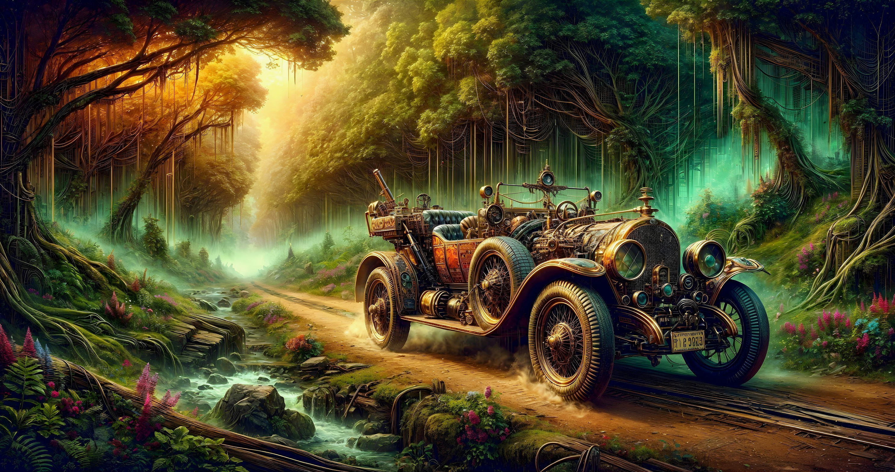 Ornate vintage car on a serene forest path