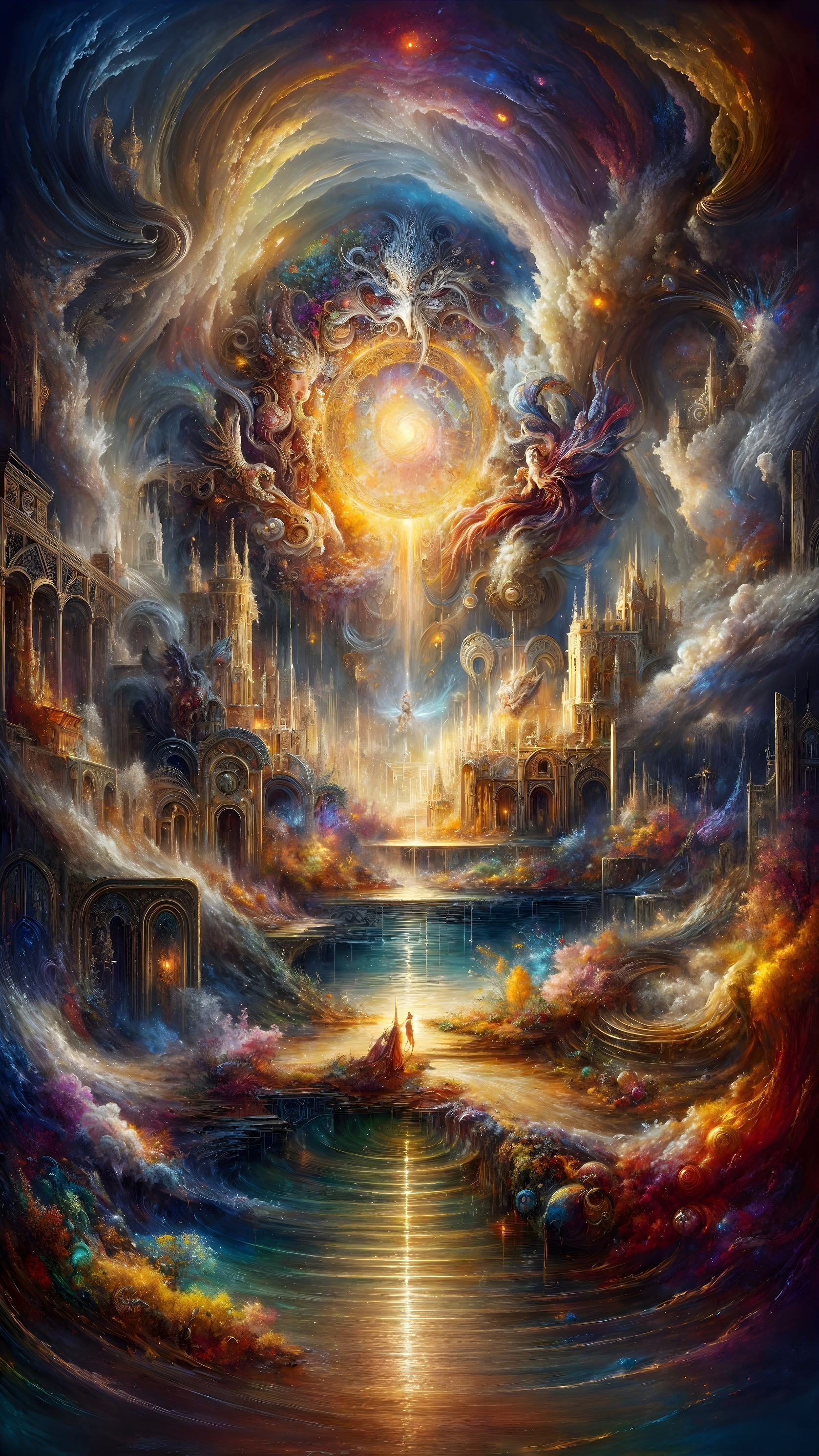 Ethereal Landscape with Castles and Colorful Clouds