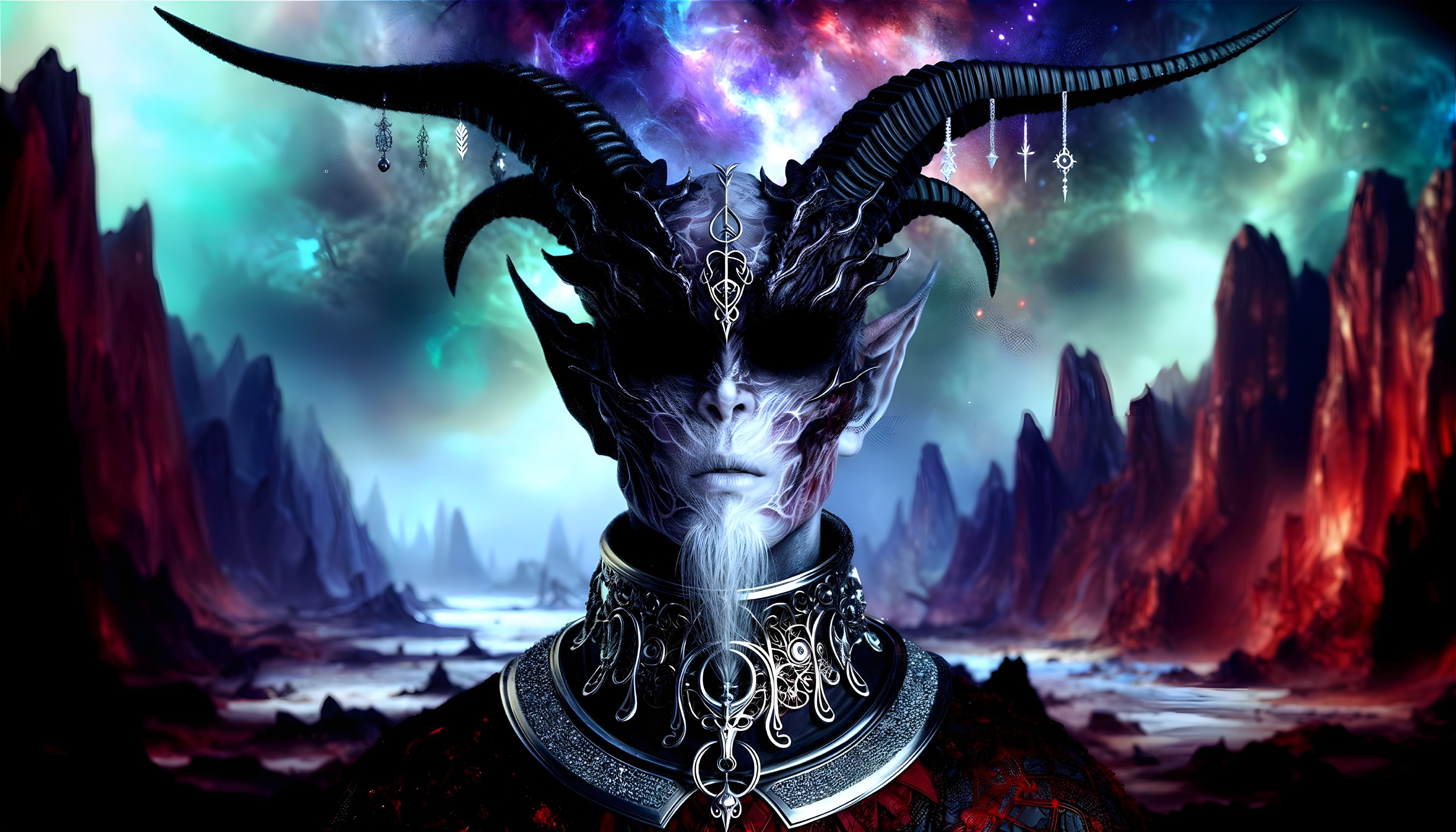 Mysterious Figure with Horns in Surreal Landscape